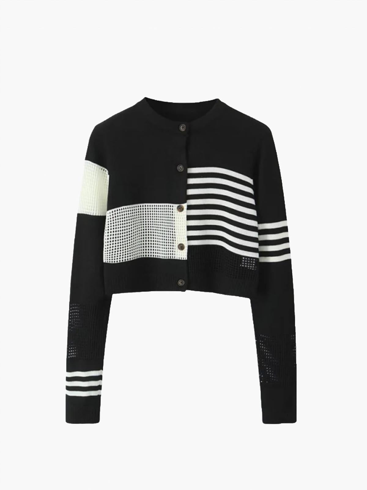 Geometric Color Block Breasted Knit Top-Chicvia