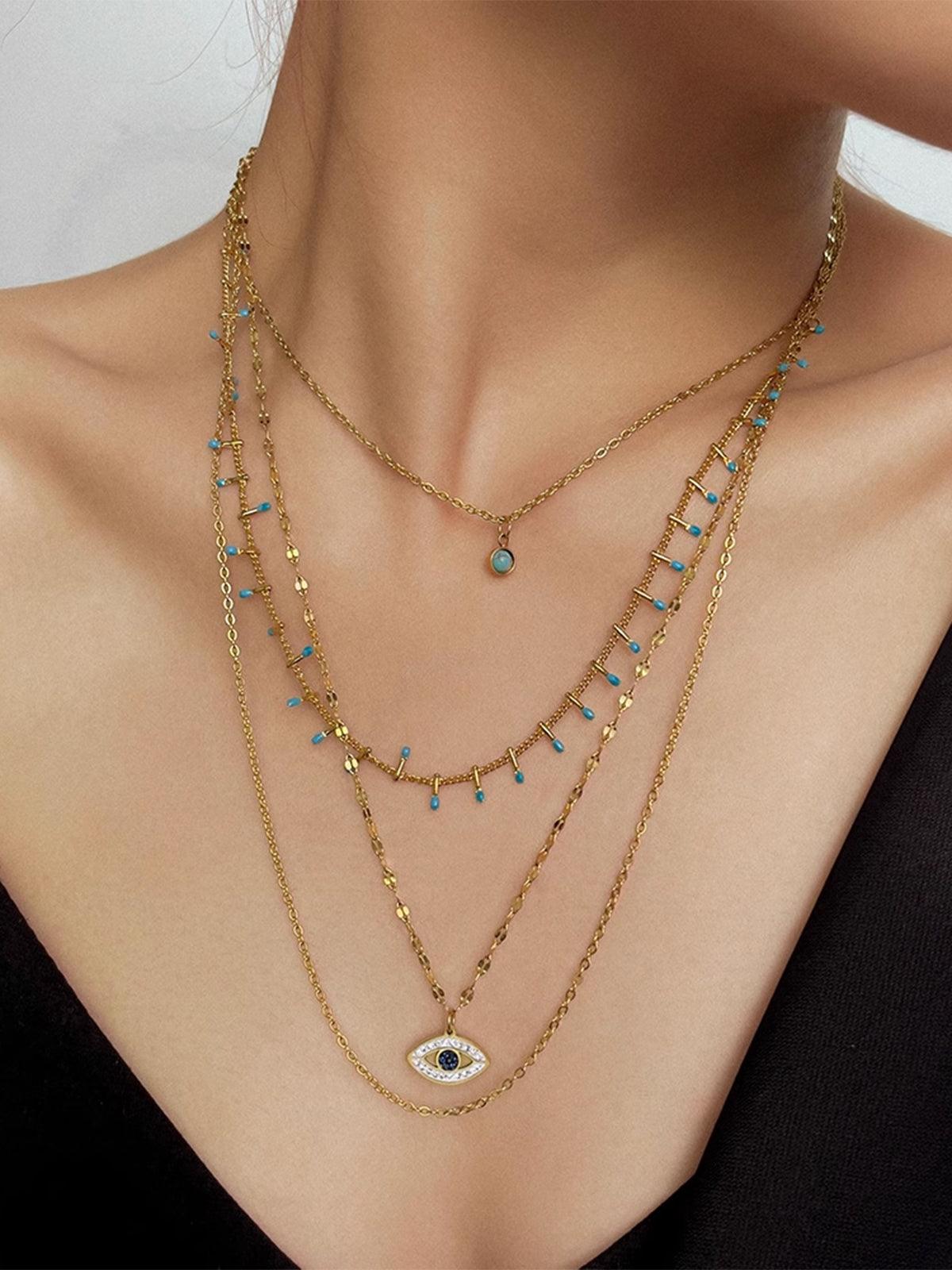 Multi-Layer Rhinestone Evil Eye Pendant Necklace-Chicvia