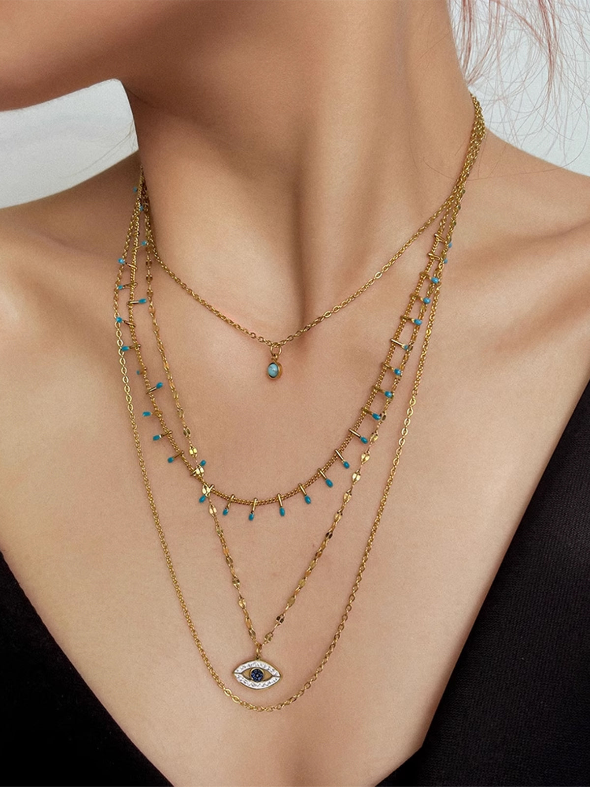 Multi-Layer Rhinestone Evil Eye Pendant Necklace-Chicvia