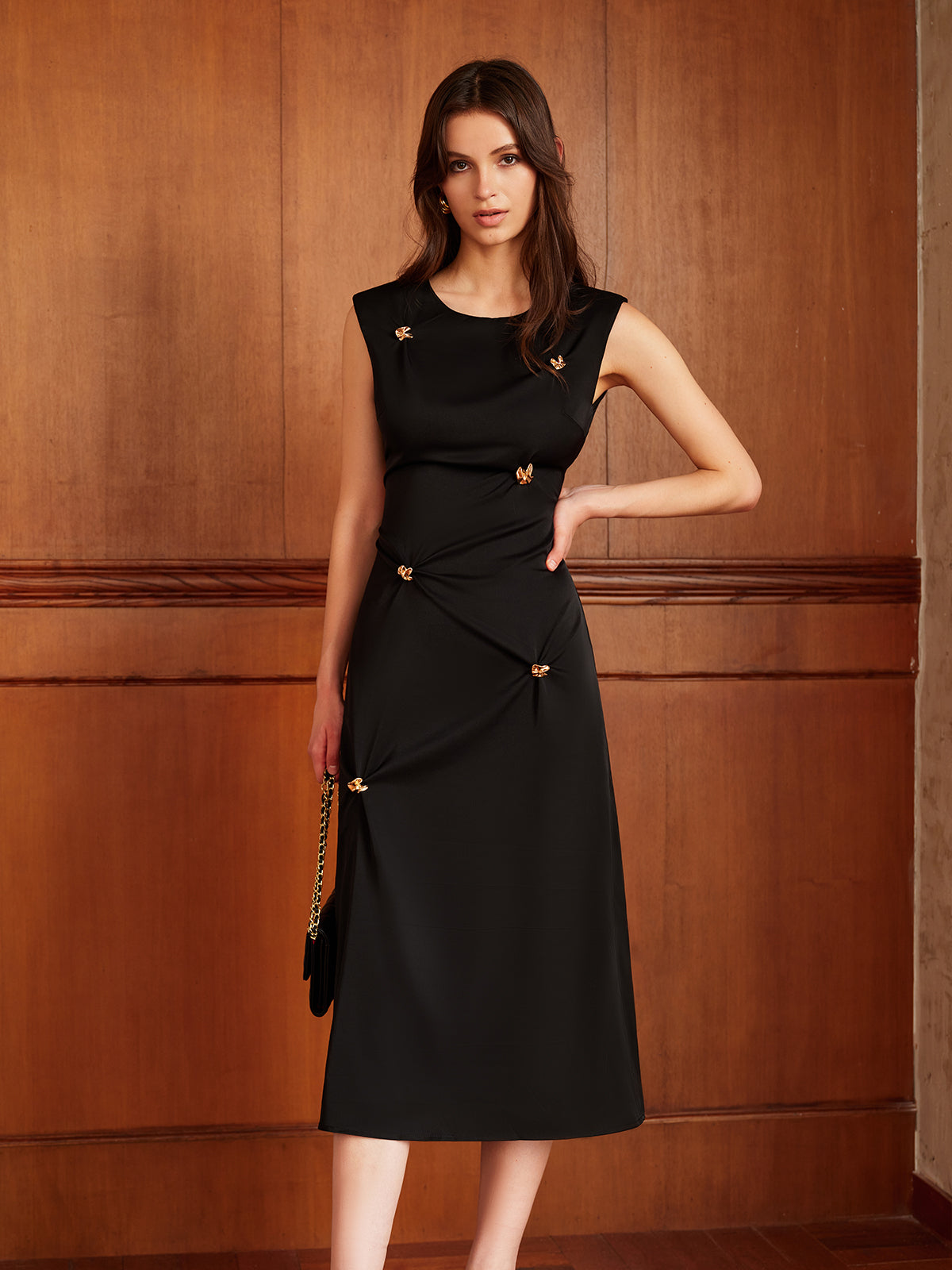 Metal-Detail Backless Pleated Tank Dress-Chicvia