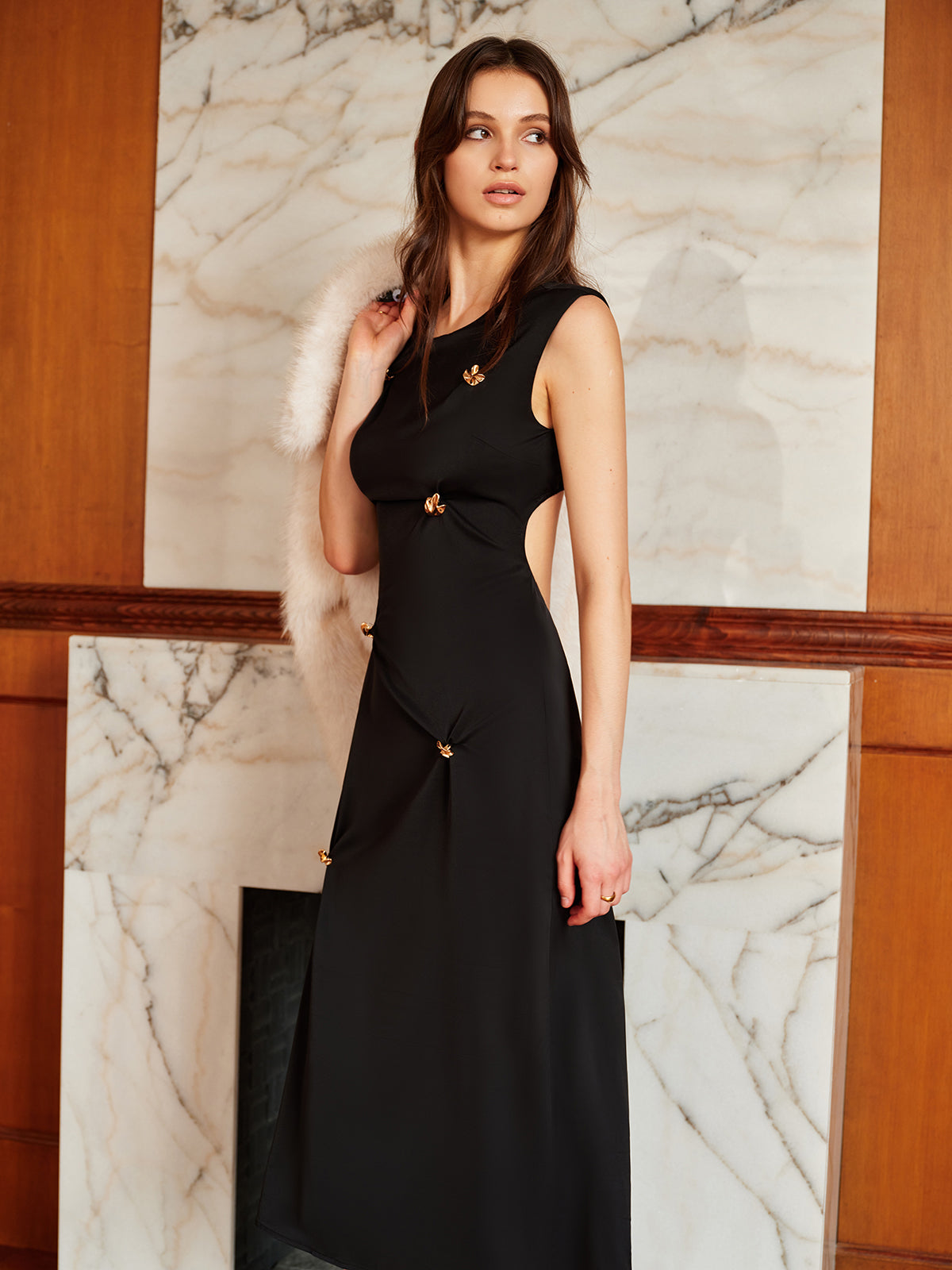 Metal-Detail Backless Pleated Tank Dress-Chicvia