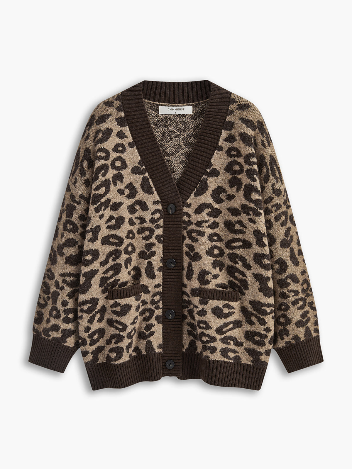Leopard Contrast Trim Loose Cardigan-Chicvia