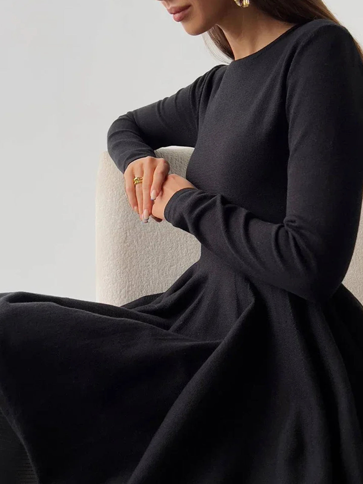 Plain Pleated Sweater Short Dress-Chicvia