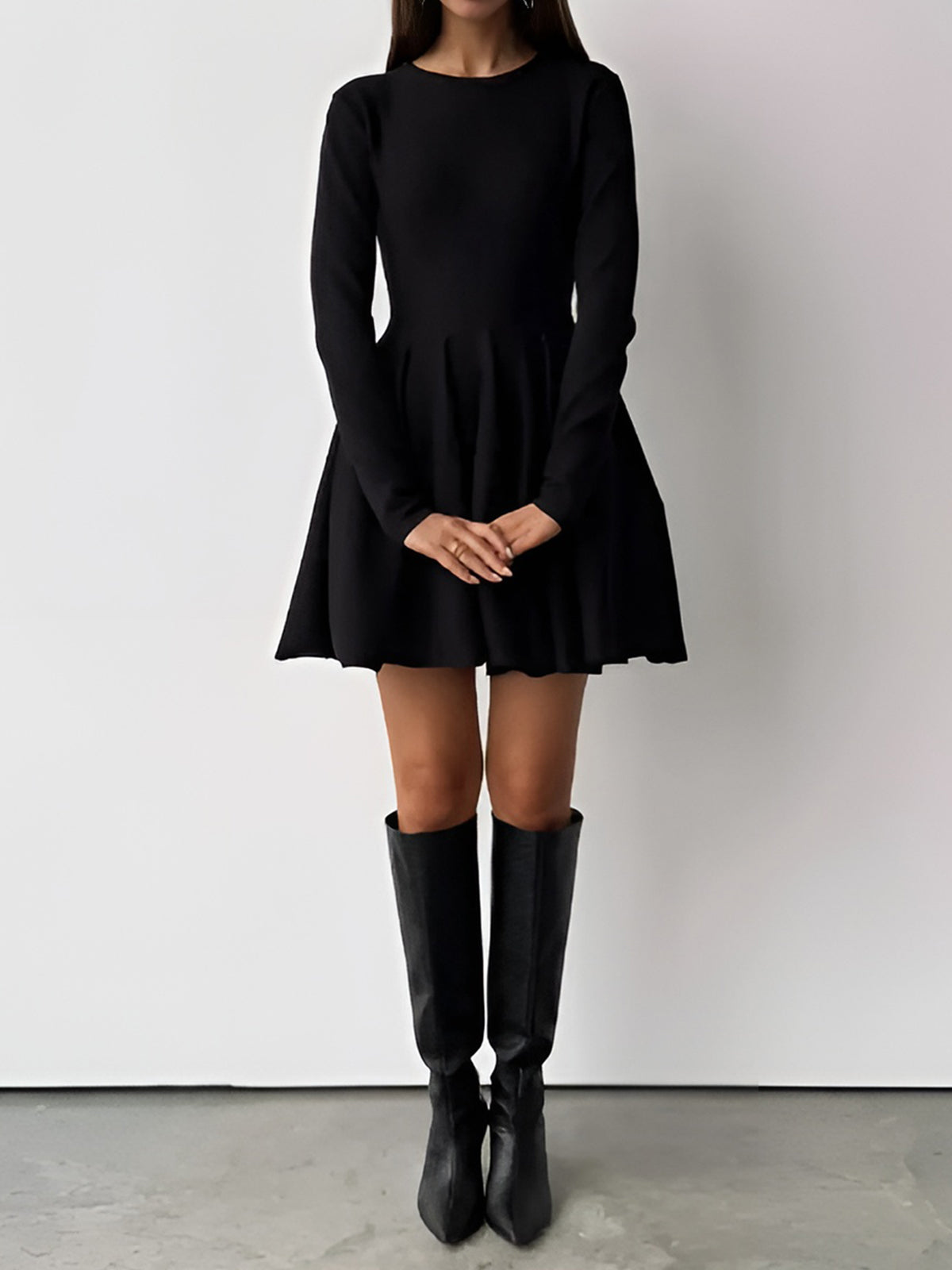 Plain Pleated Sweater Short Dress-Chicvia