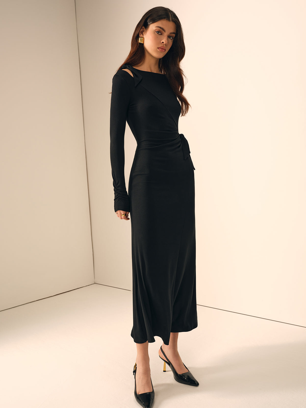 Long Sleeve Knotted Slim Dress-Chicvia