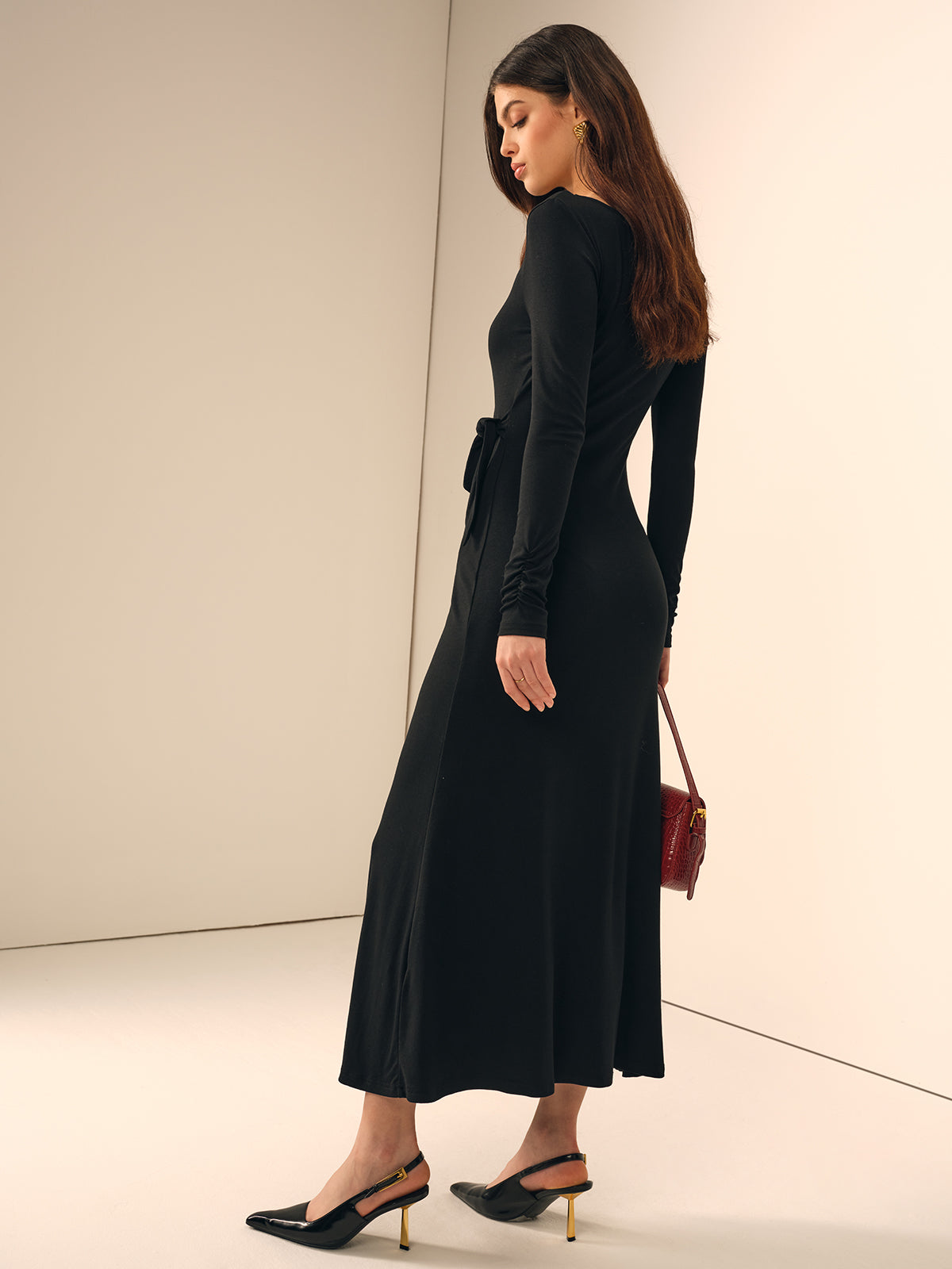 Long Sleeve Knotted Slim Dress-Chicvia