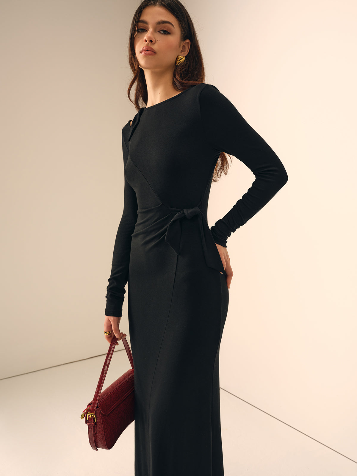 Long Sleeve Knotted Slim Dress-Chicvia