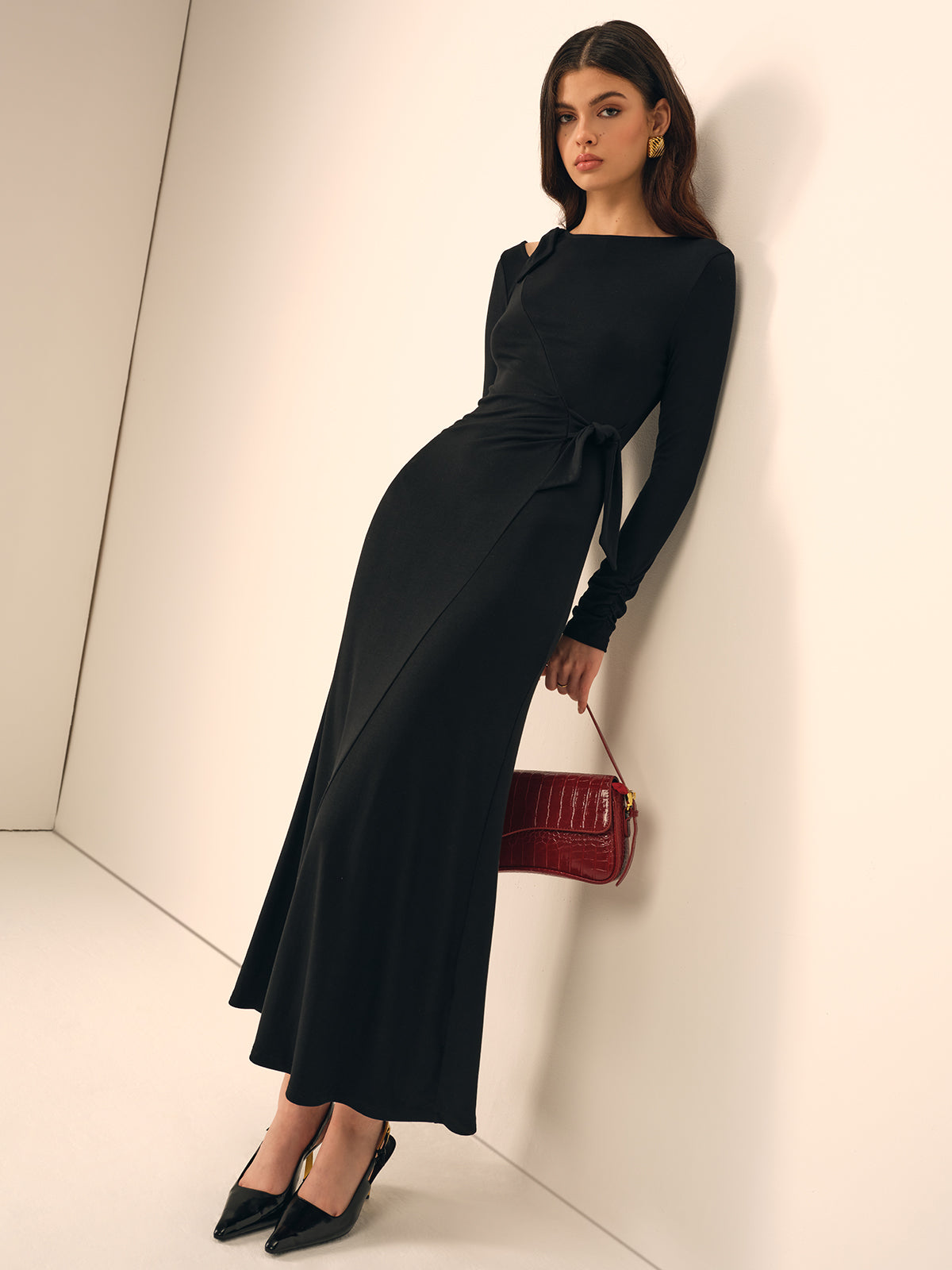 Long Sleeve Knotted Slim Dress-Chicvia