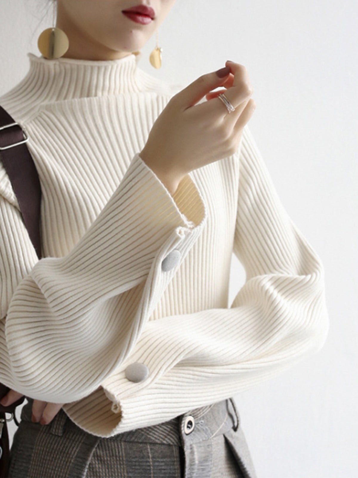 Minimalist Plain Ribbed Sweater-Chicvia