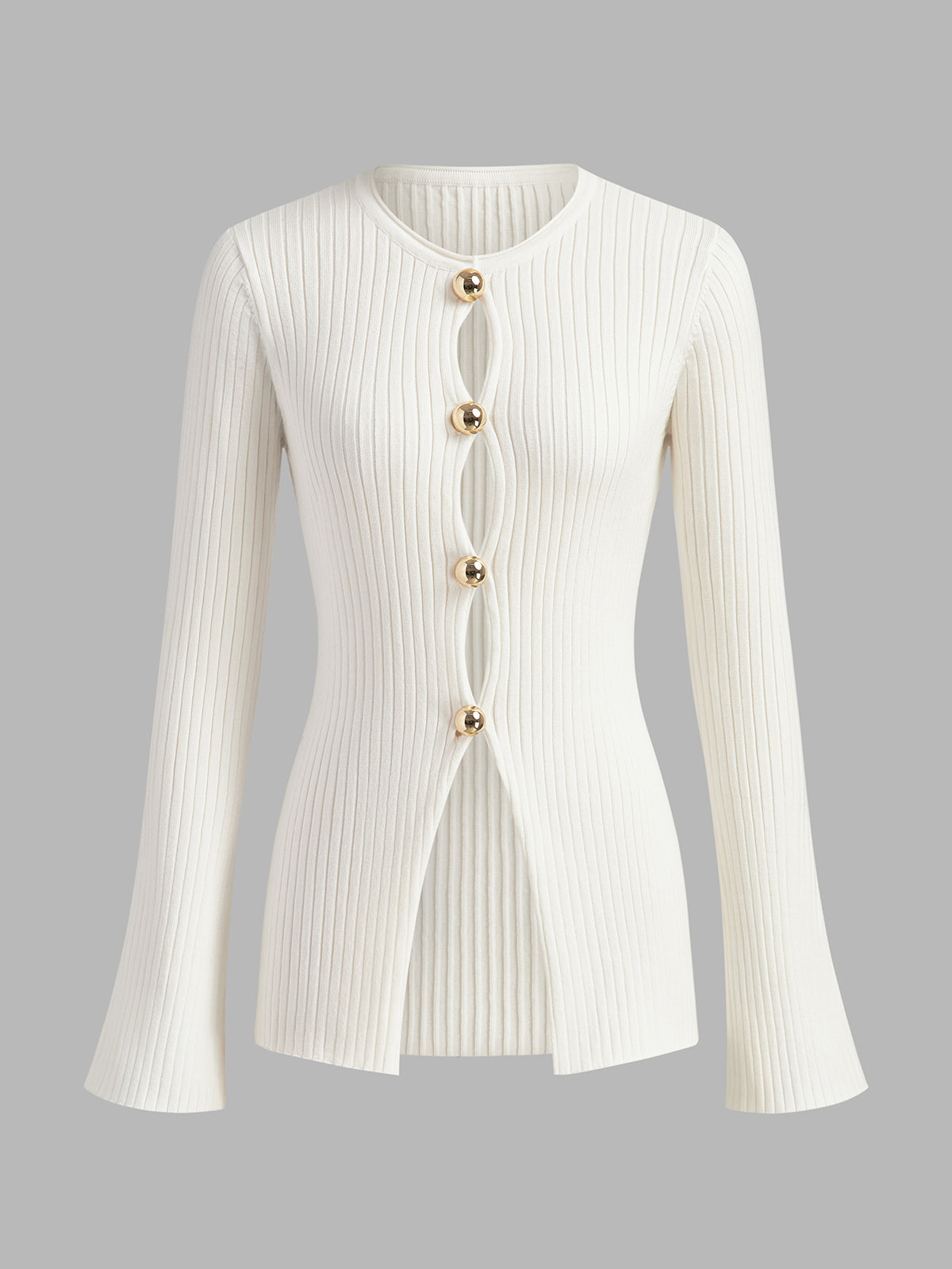 Golden Button Split Knit Top-Chicvia