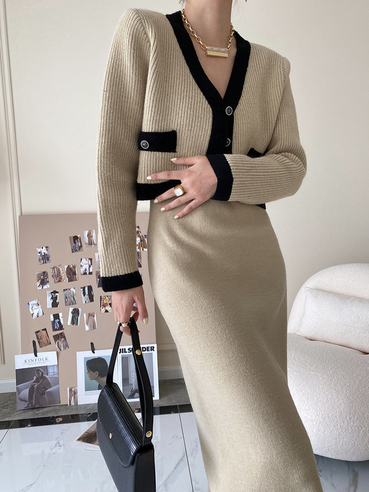 Leisure Contrast Trim Knit Skirt Set-Chicvia