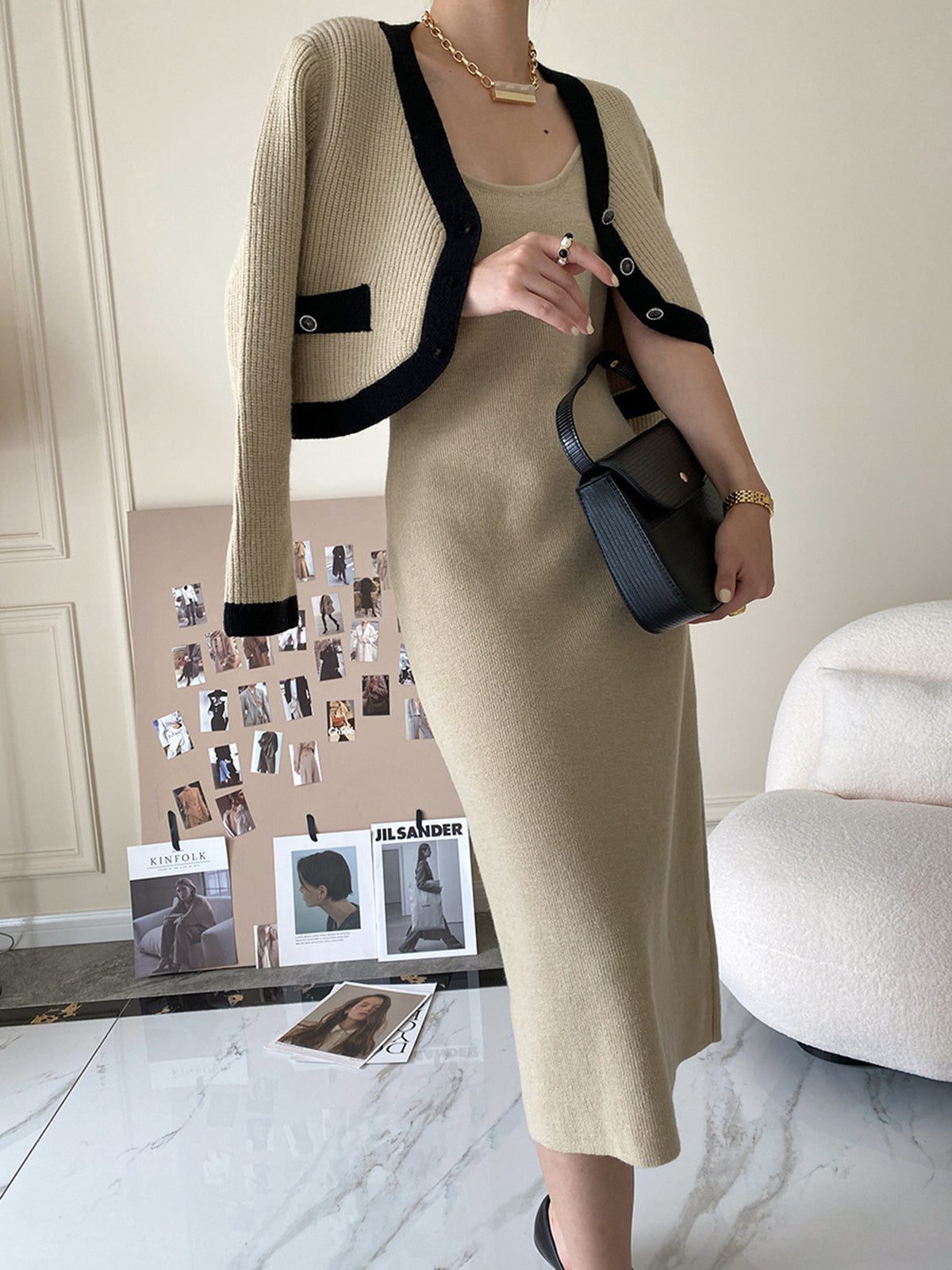 Leisure Contrast Trim Knit Skirt Set-Chicvia