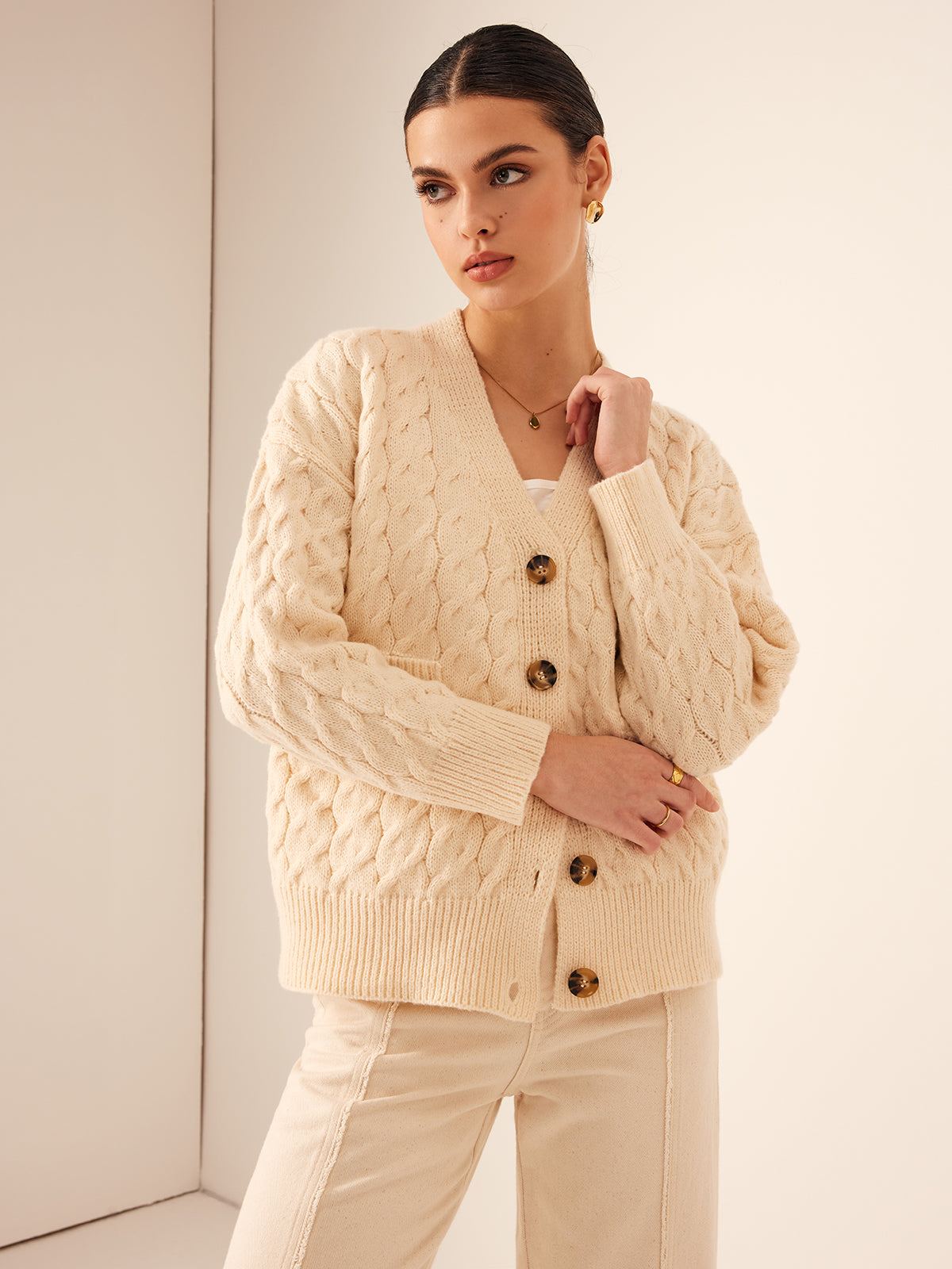 Elegant V-Neck Ribbed Cable Cardigan-Chicvia