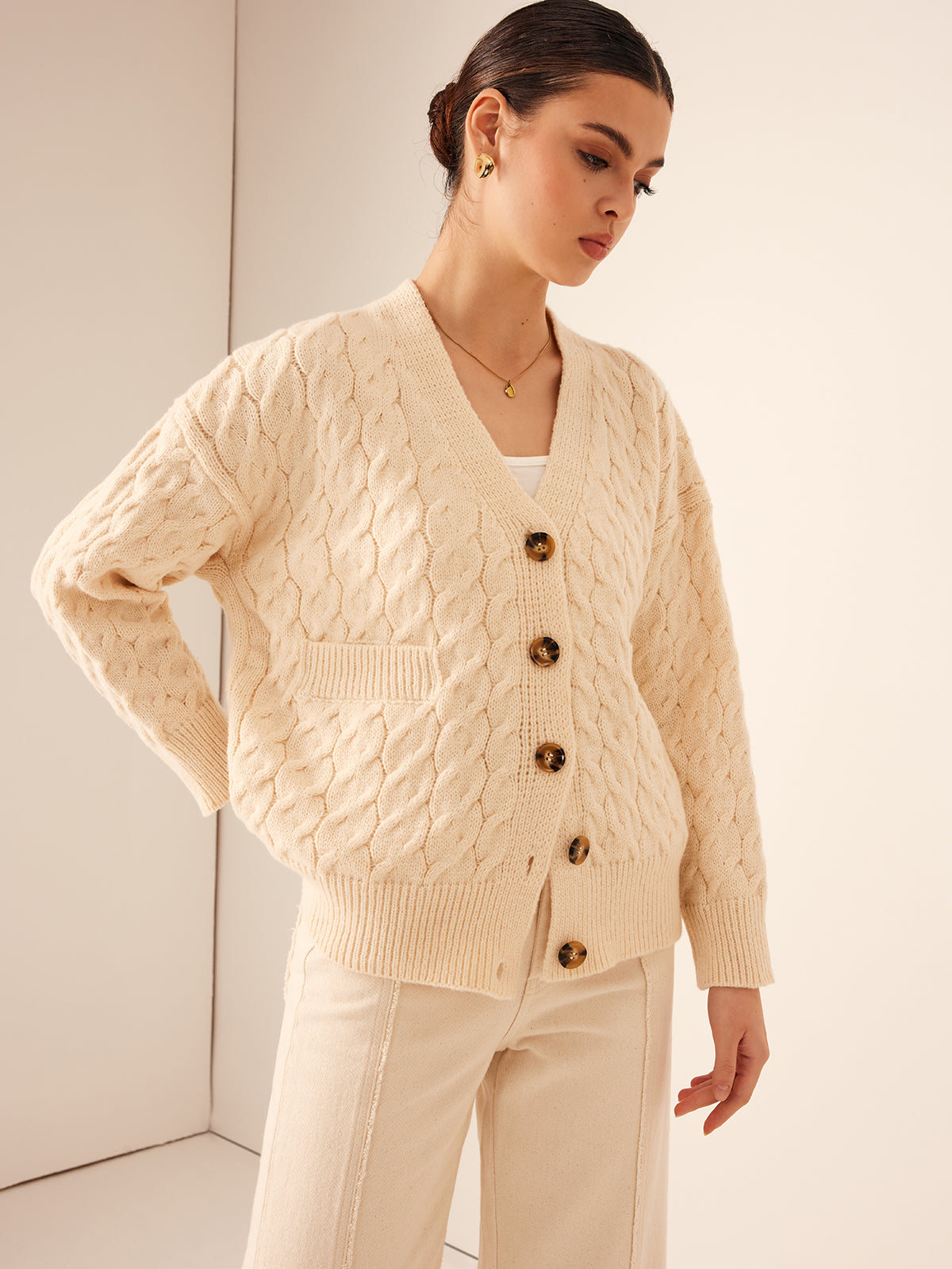 Elegant V-Neck Ribbed Cable Cardigan-Chicvia