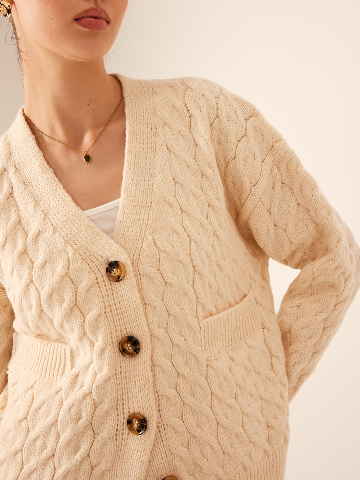 Elegant V-Neck Ribbed Cable Cardigan-Chicvia