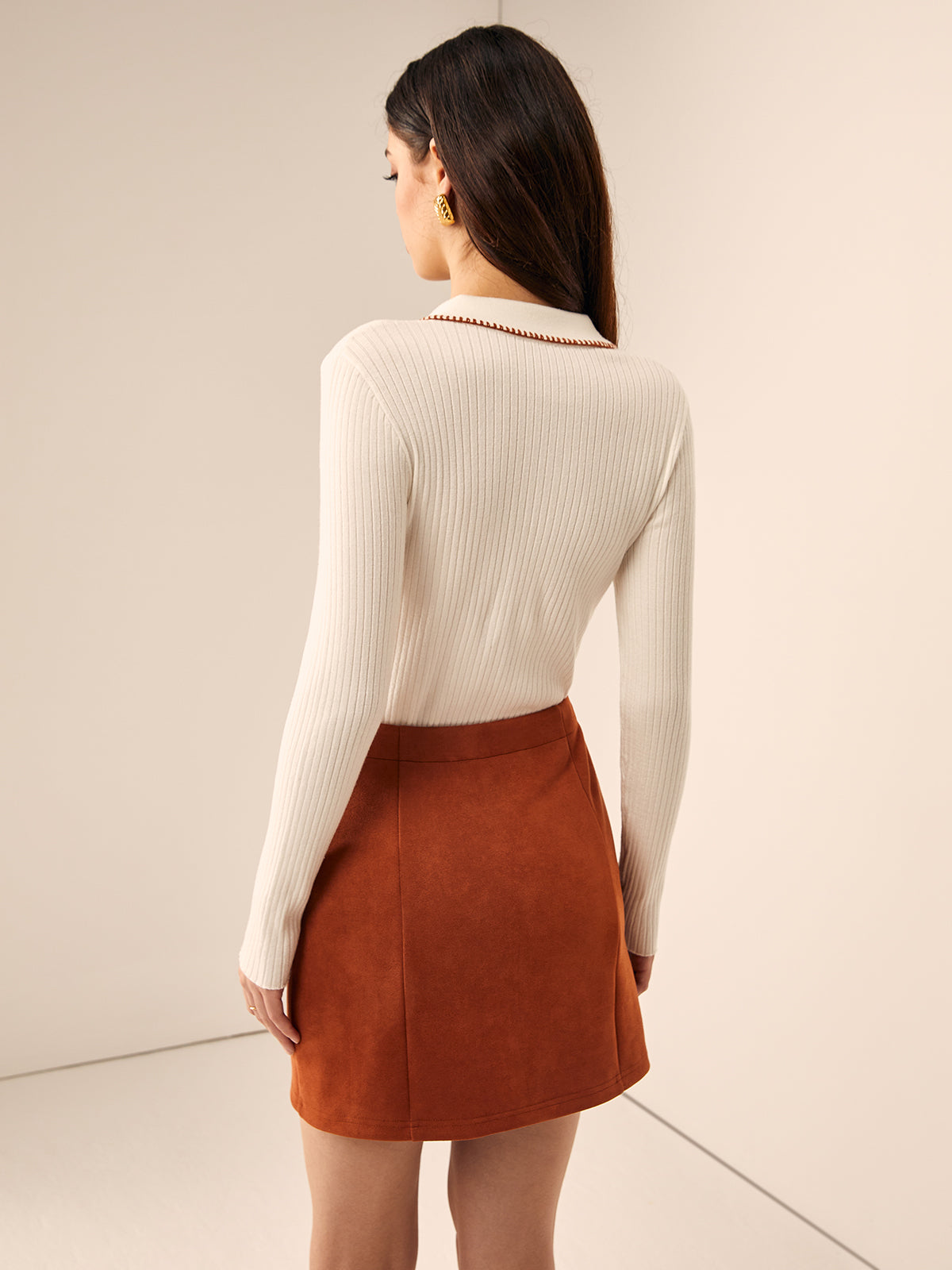 Embroidered Trim Button Lapel Knit Top-Chicvia