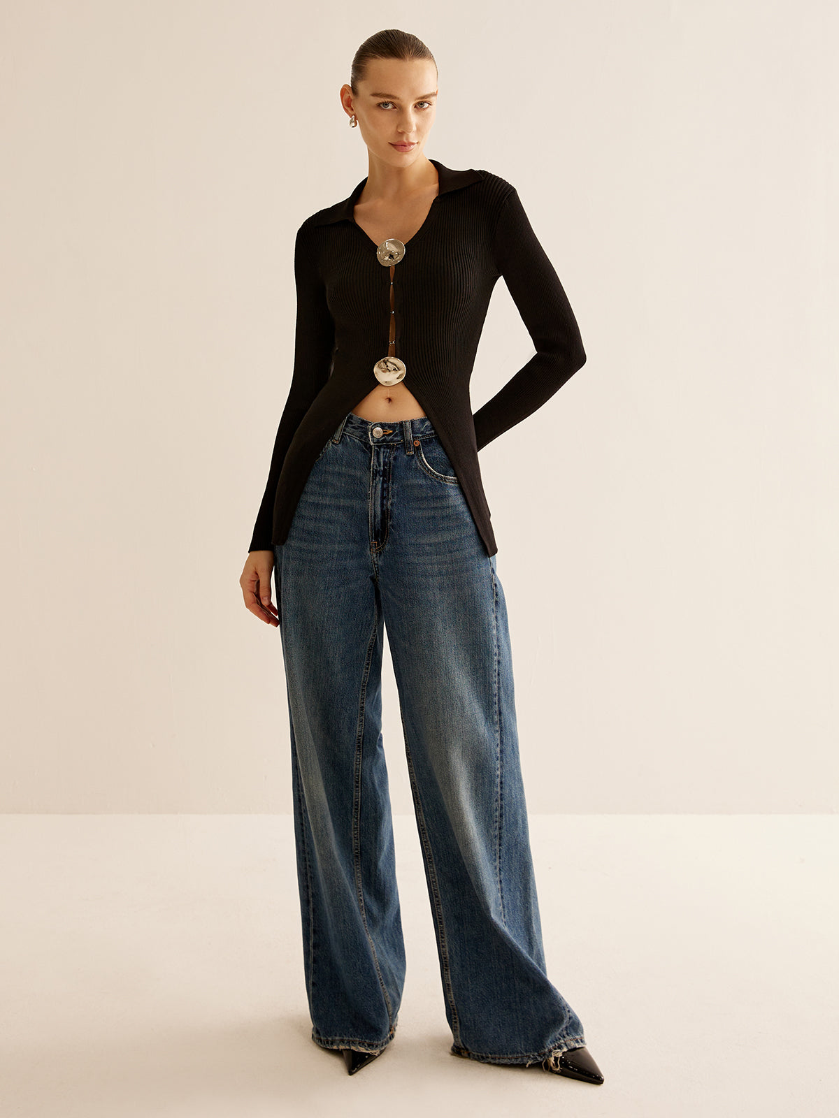 Glossy-Ring  Ribbed Slim Cardigan-Chicvia