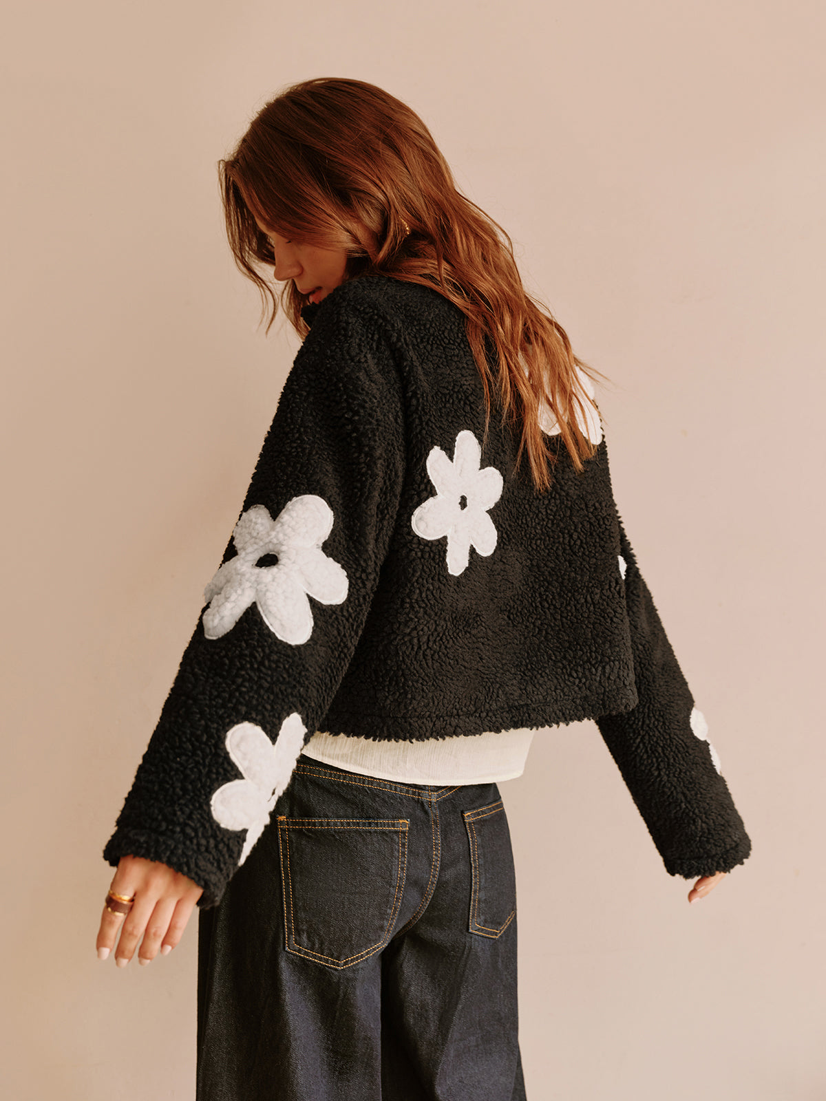 Floral Zipper Fleece Jacket-Chicvia