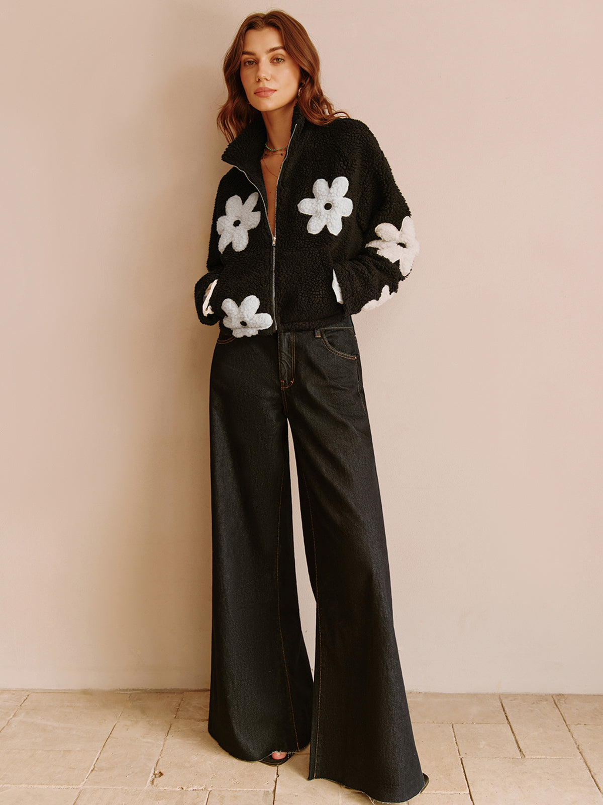 Floral Zipper Fleece Jacket-Chicvia