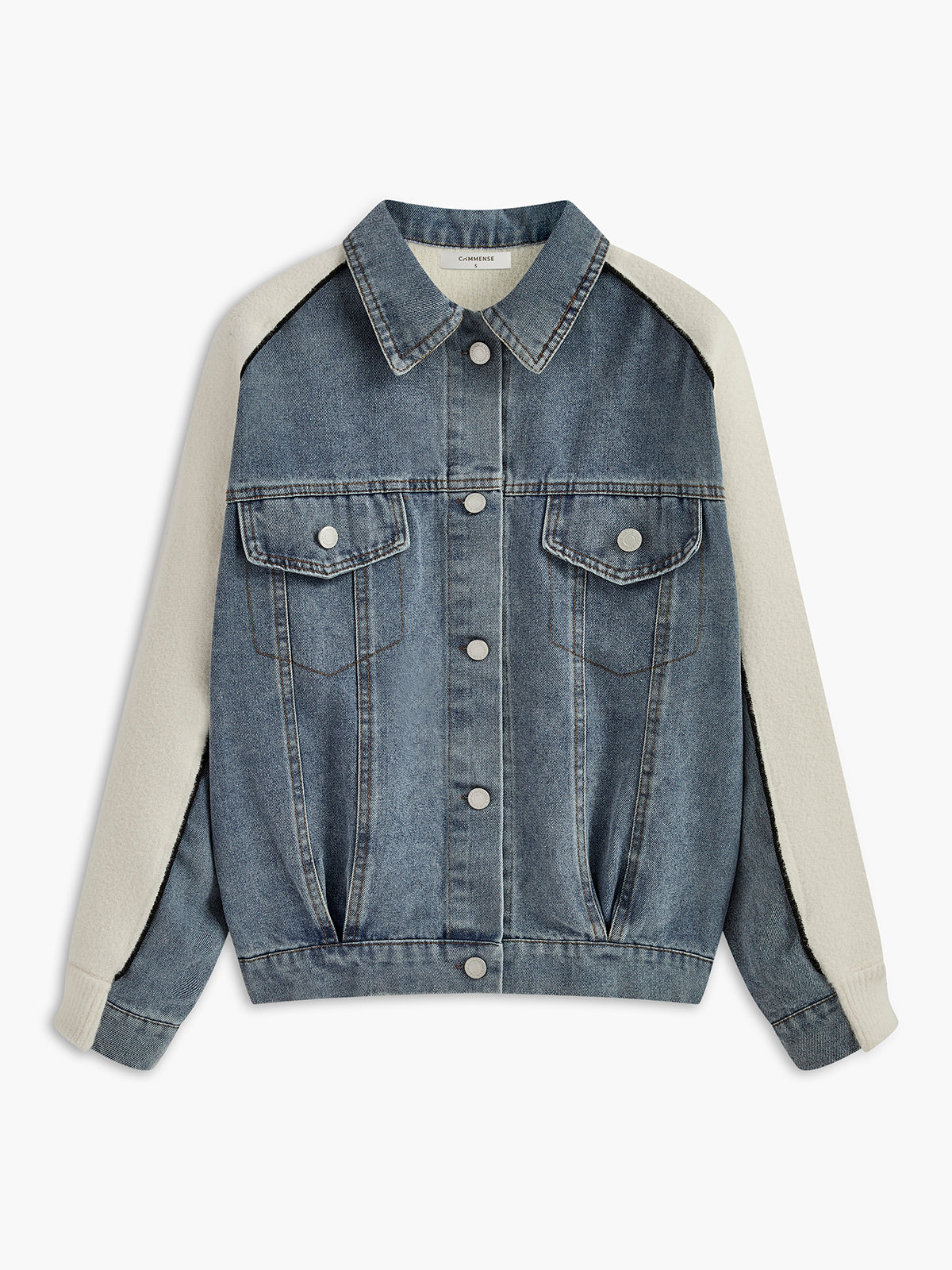 Denim Panel Knit Lapel Outerwear-Chicvia