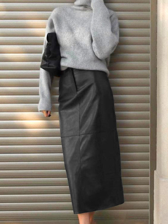 Piping PU Leather A-Line Skirt-Chicvia