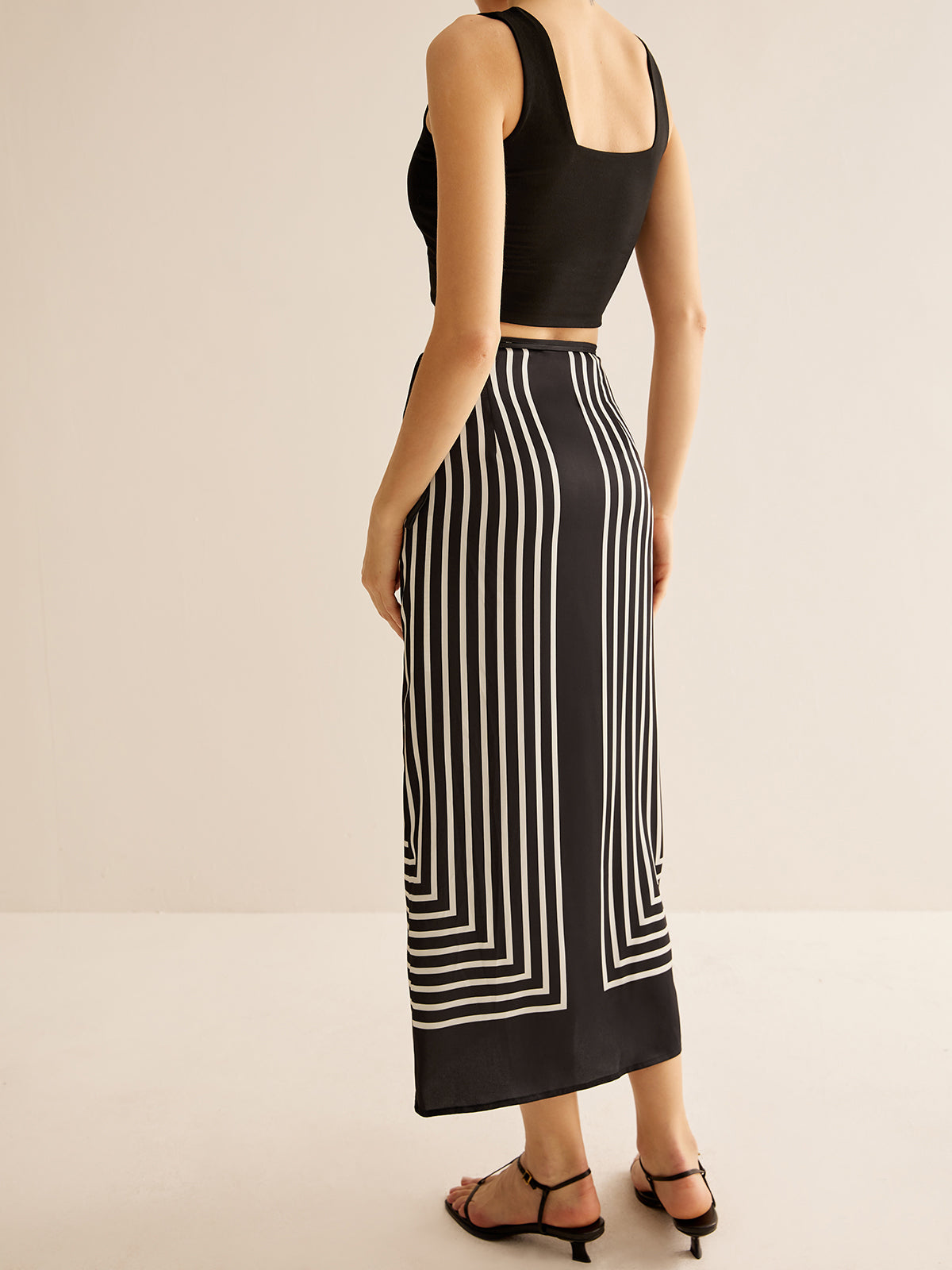 Geometric Pinstripe Satin Wrap Tie Skirt-Chicvia