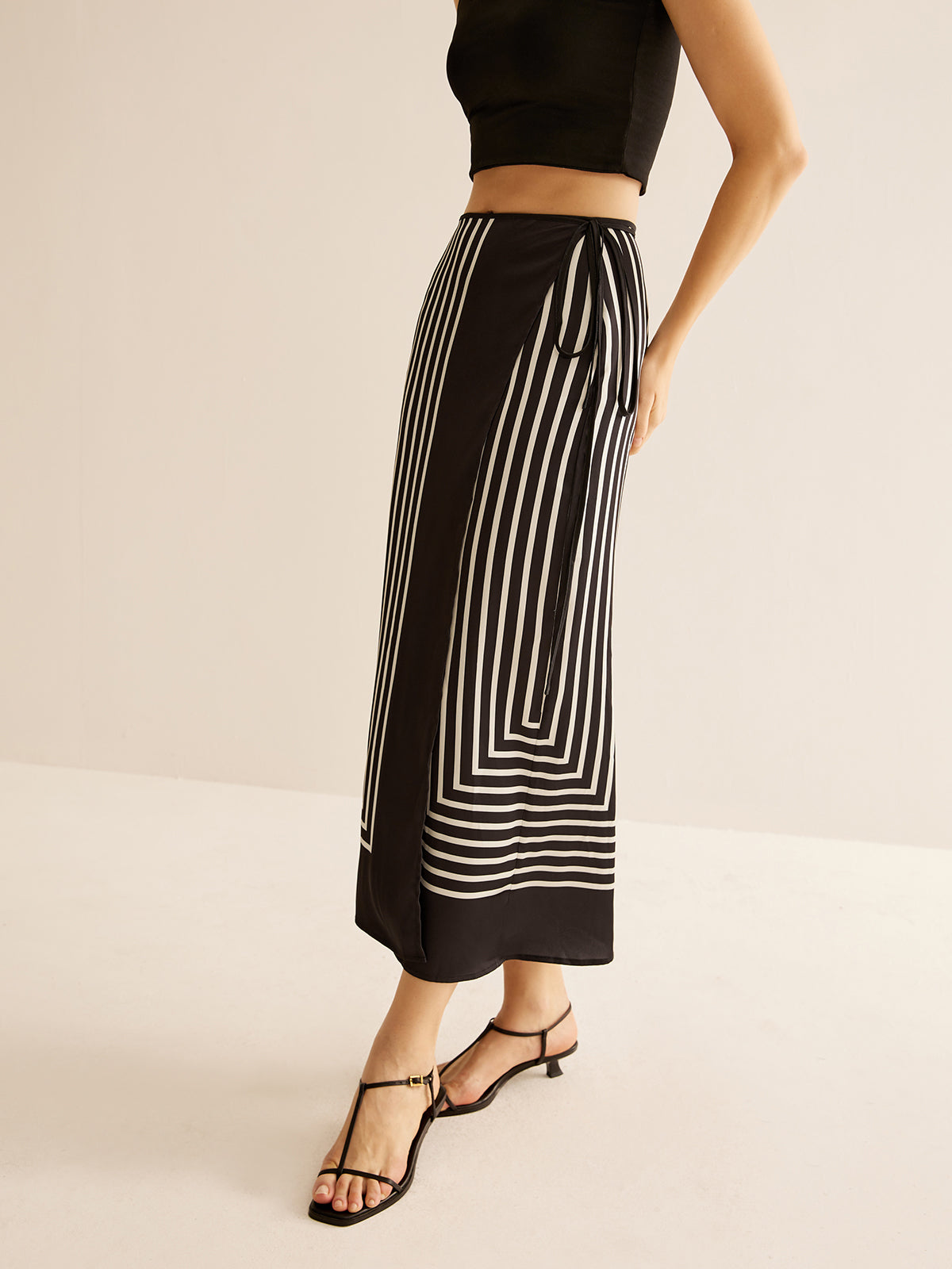 Geometric Pinstripe Satin Wrap Tie Skirt-Chicvia
