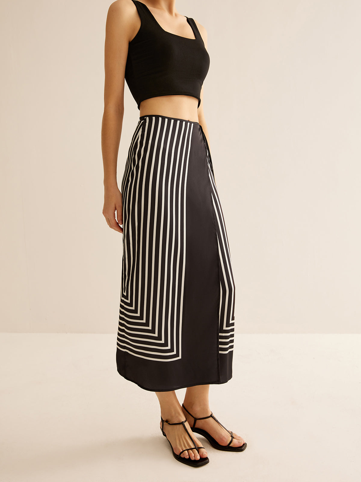Geometric Pinstripe Satin Wrap Tie Skirt-Chicvia
