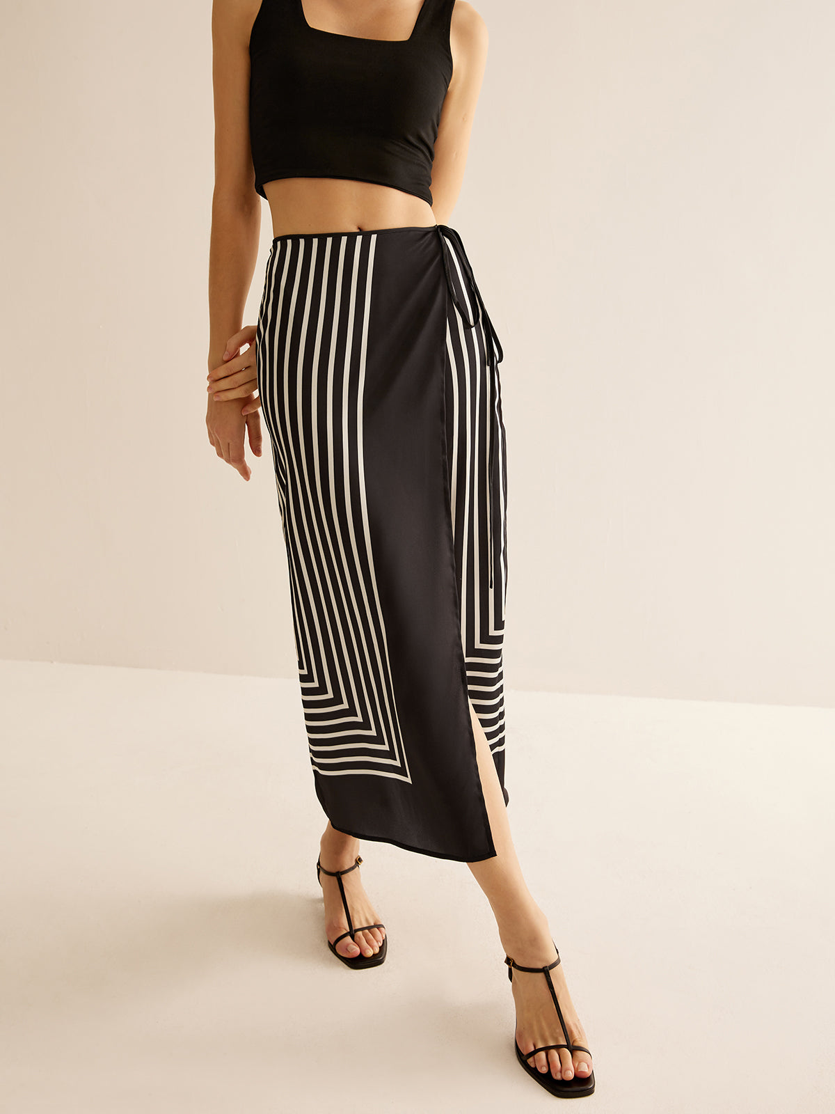 Geometric Pinstripe Satin Wrap Tie Skirt-Chicvia
