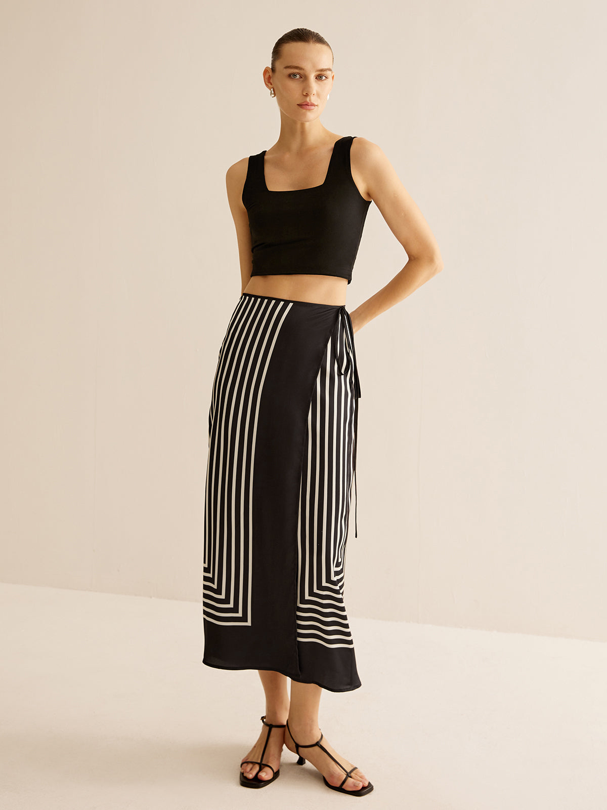 Geometric Pinstripe Satin Wrap Tie Skirt-Chicvia
