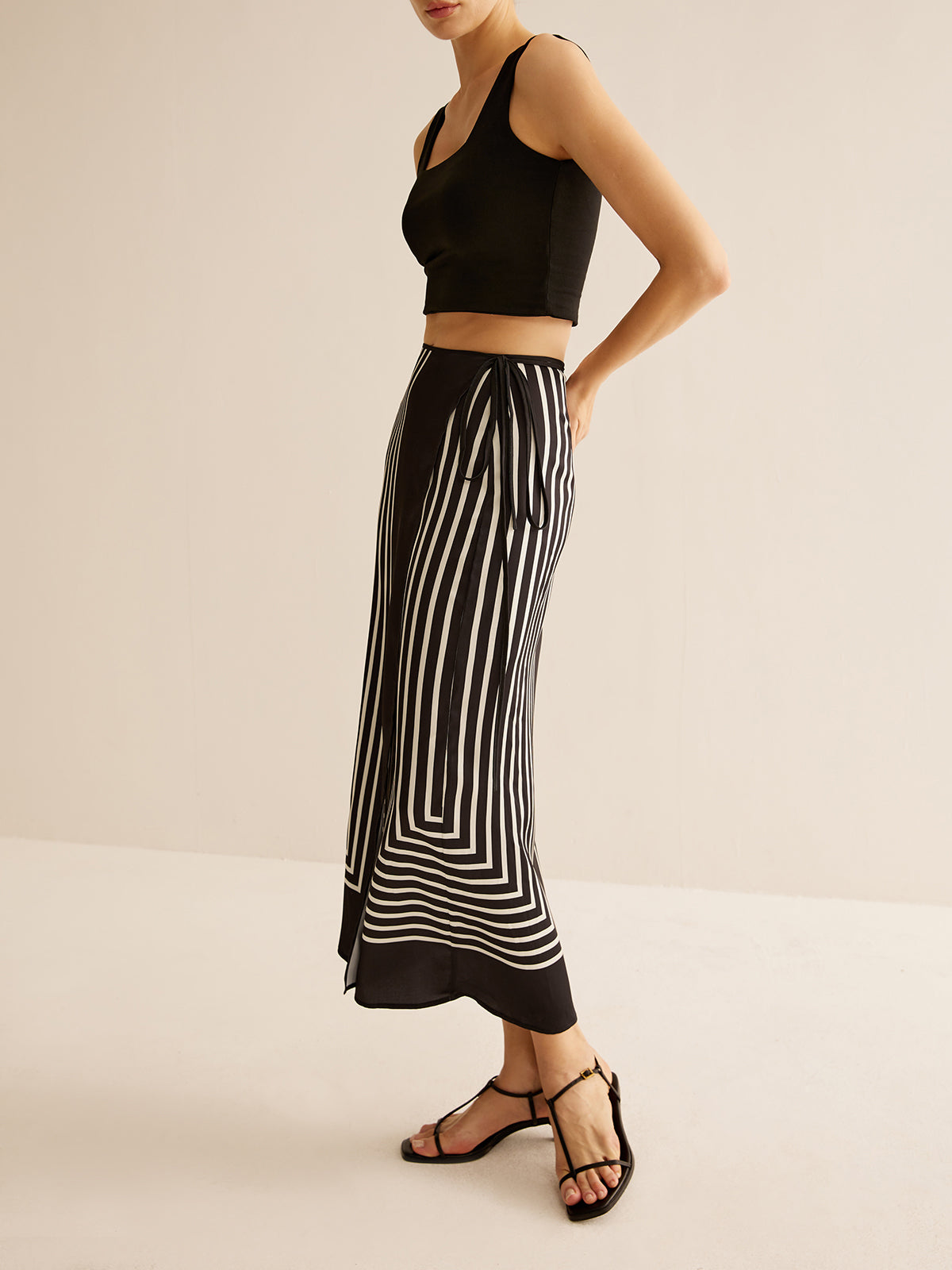 Geometric Pinstripe Satin Wrap Tie Skirt-Chicvia