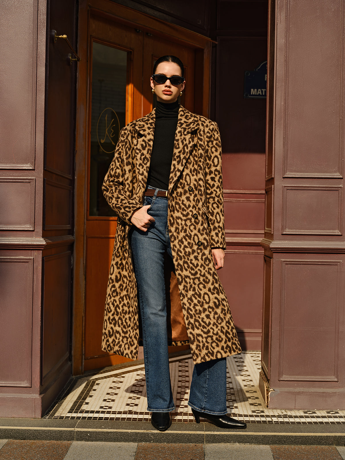 Leopard Pockets Long Wool Coat-Chicvia