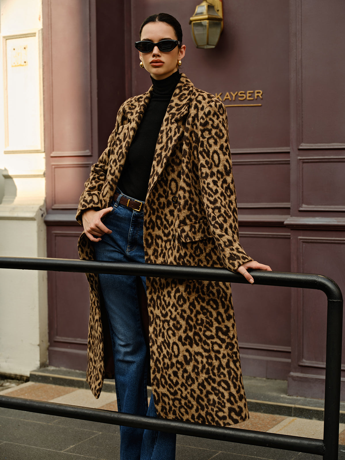 Leopard Pockets Long Wool Coat-Chicvia