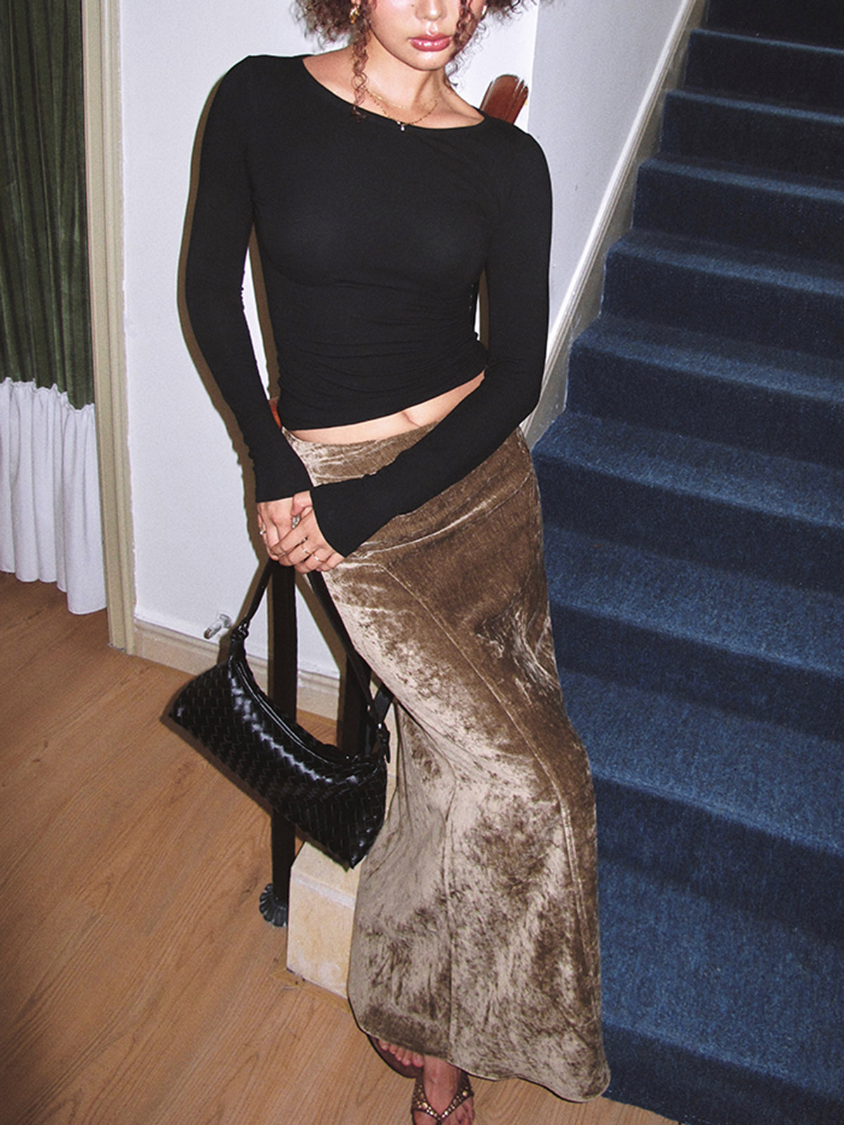 Pleated Velvet Maxi Skirt-Chicvia