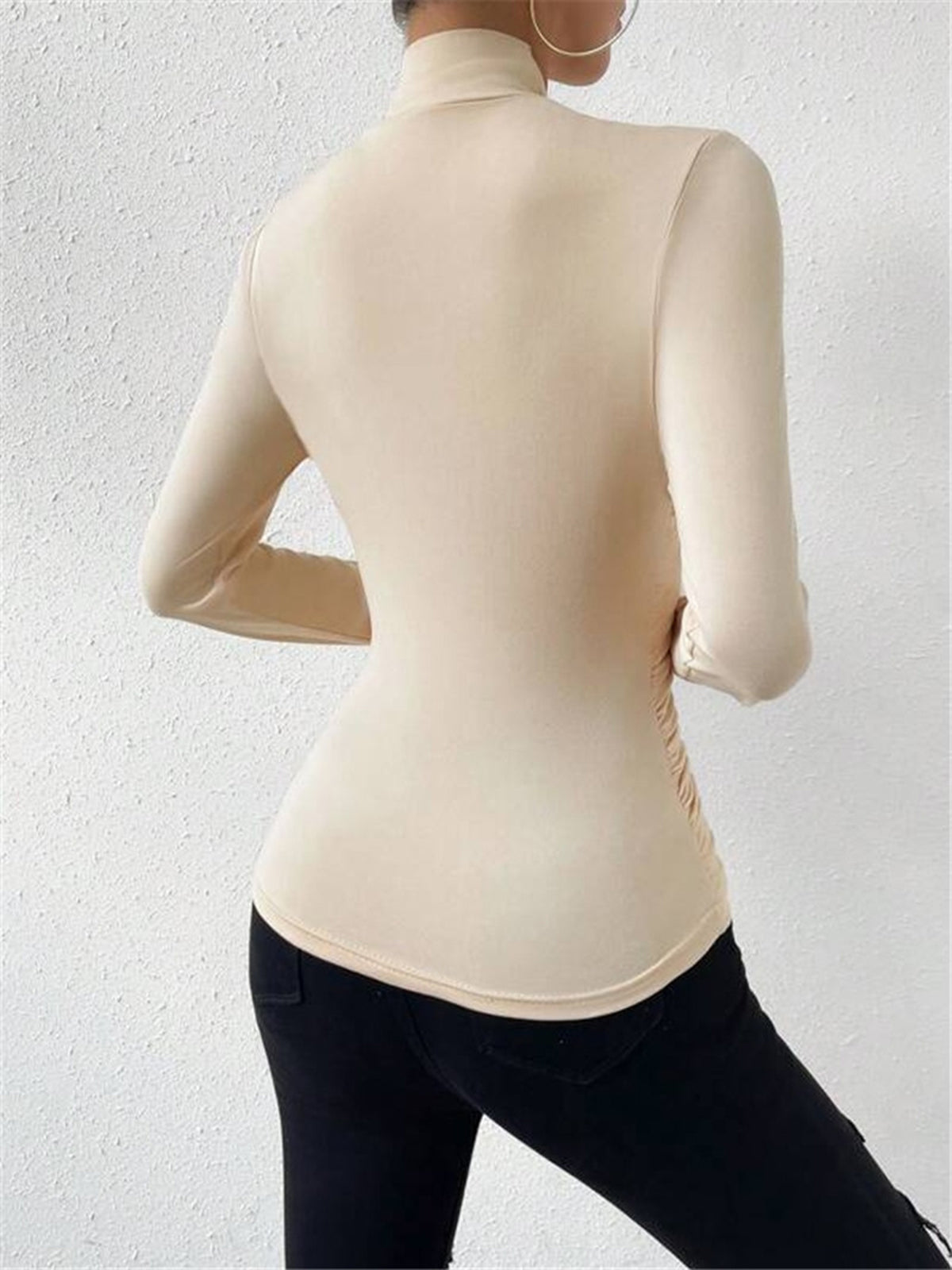 Cross-Over Collar Pleated Cinched T-Shirt-Chicvia