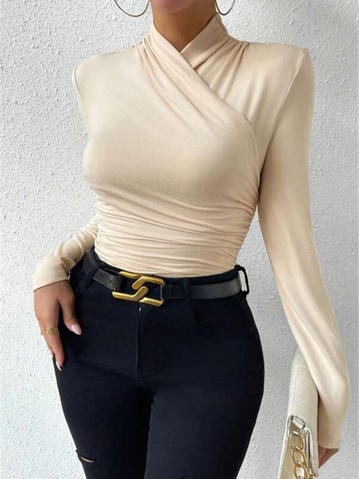 Cross-Over Collar Pleated Cinched T-Shirt-Chicvia