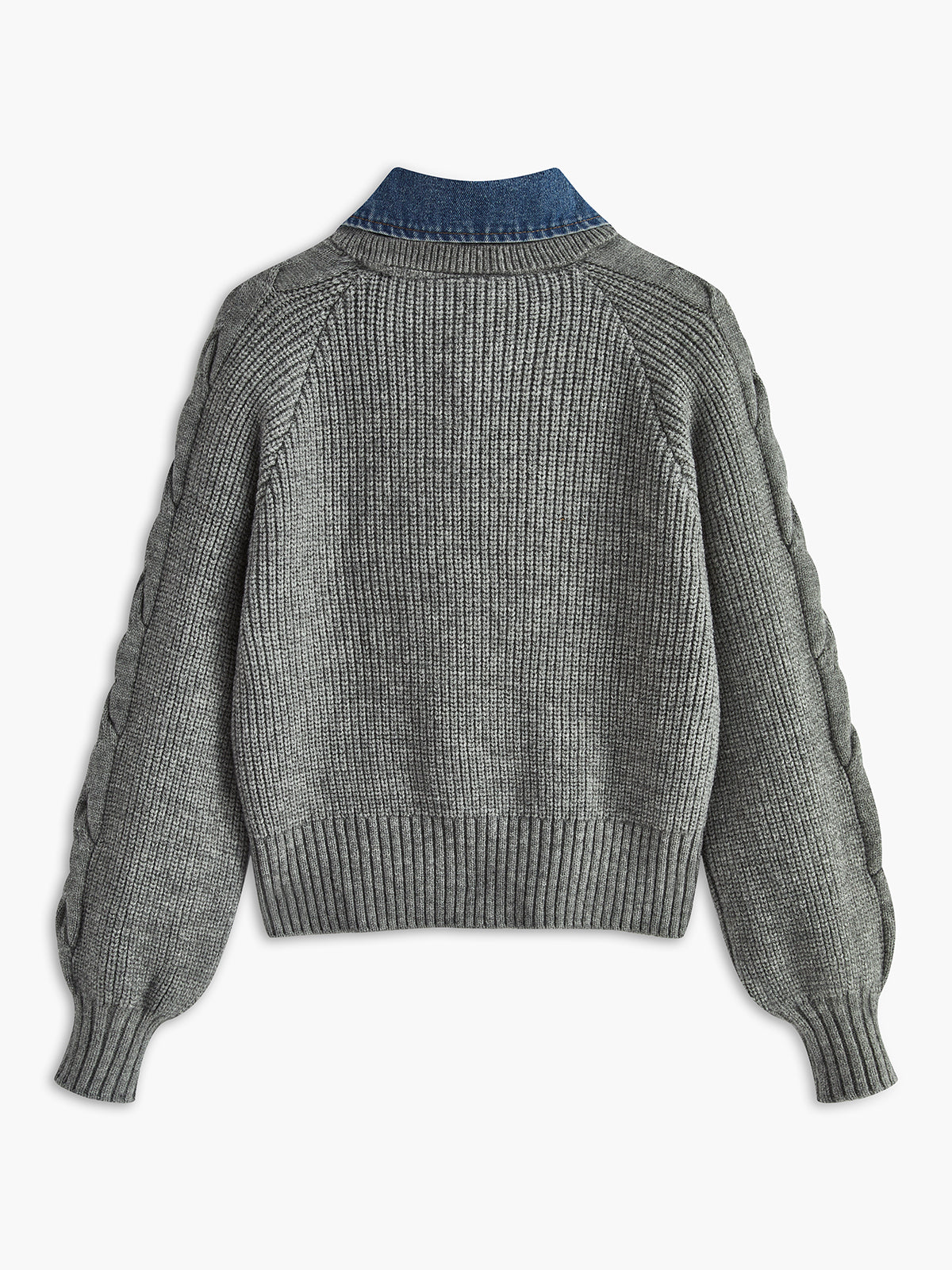 Denim Panel Ribbed Lapel Sweater-Chicvia
