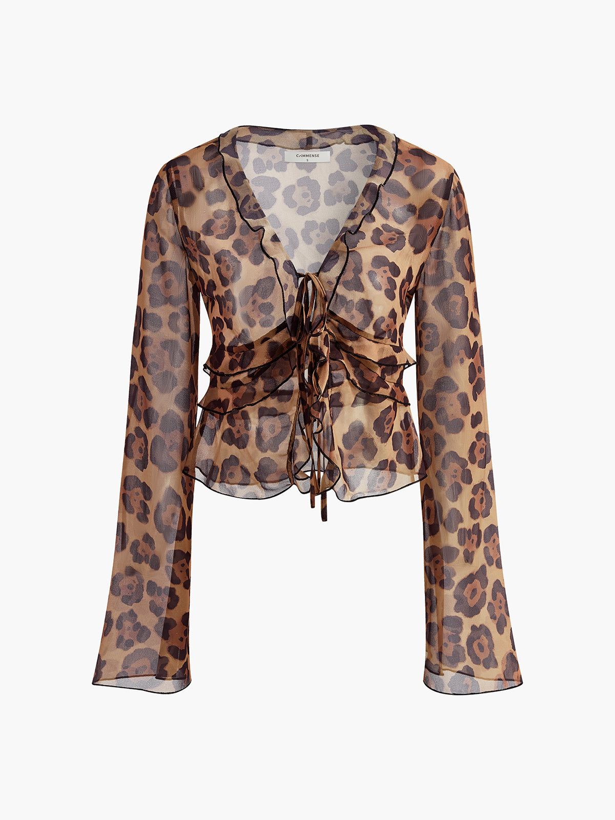 Leopard Print Semi-Sheer Ruffle V-Neck Blouse-Chicvia