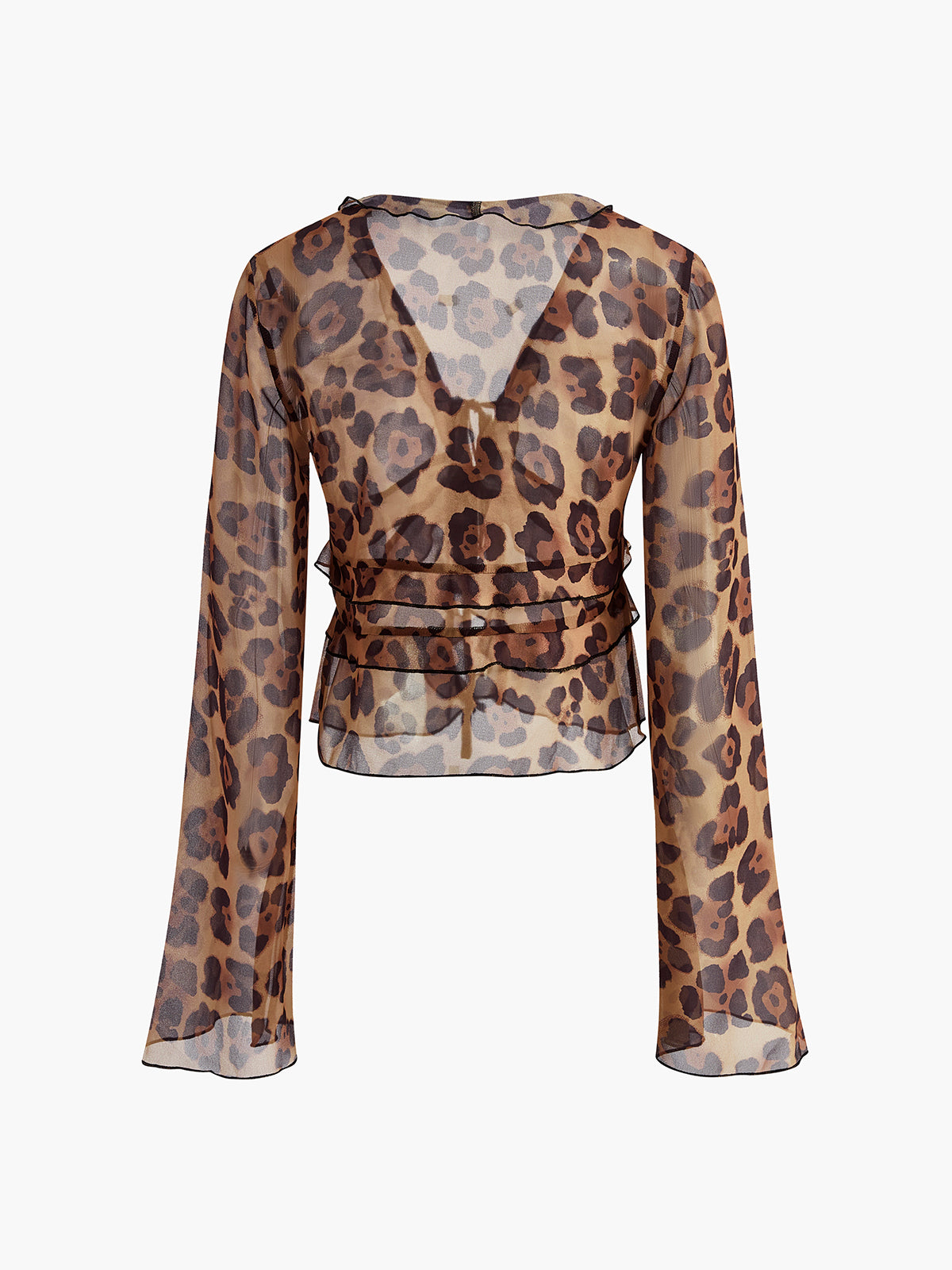 Leopard Print Semi-Sheer Ruffle V-Neck Blouse-Chicvia