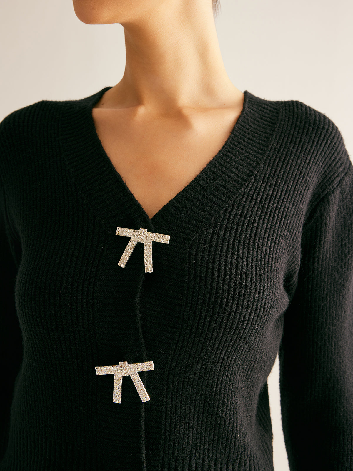 Ribbed Rhinestone Bow Slim Cardigan-Chicvia