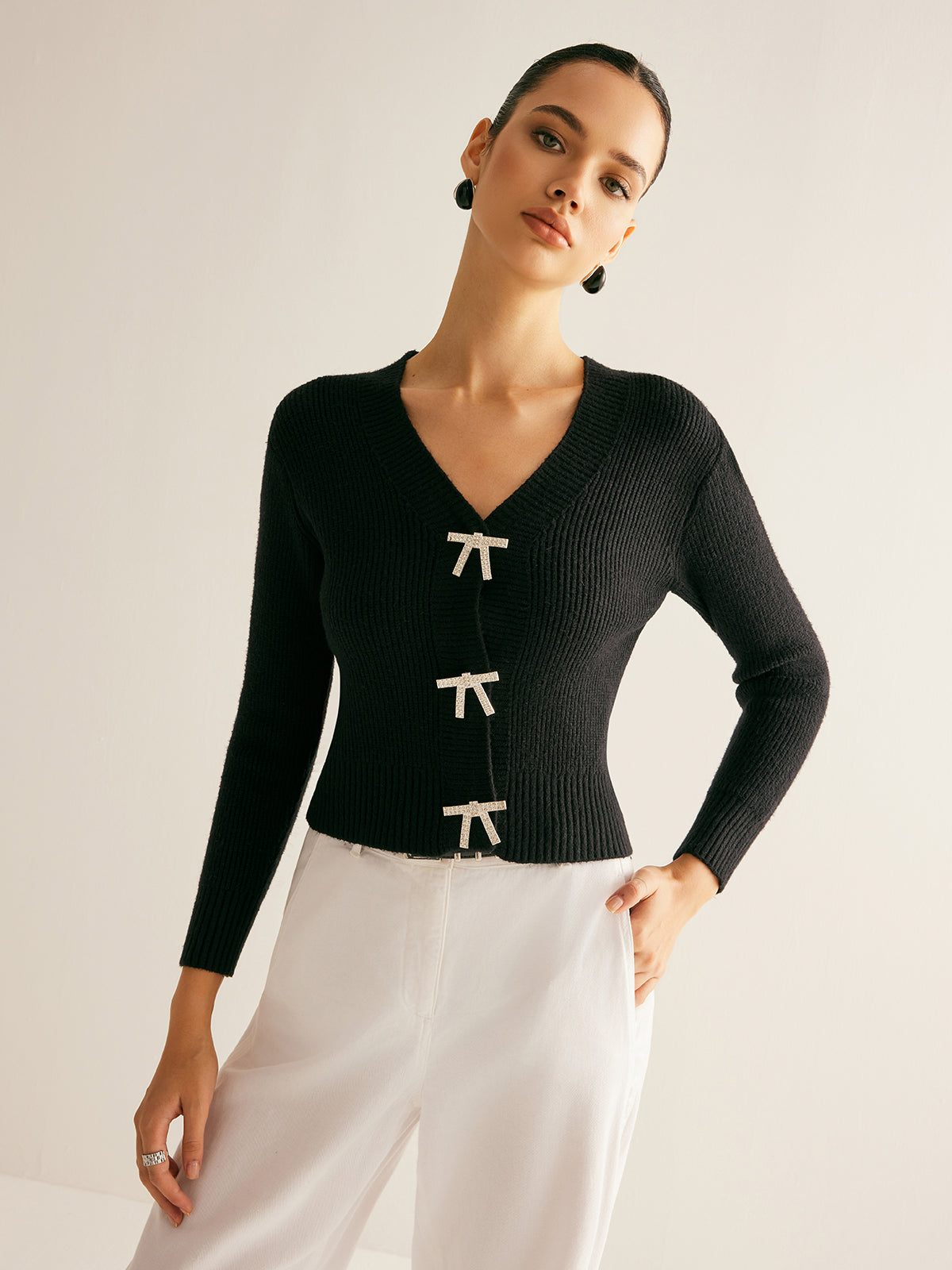 Ribbed Rhinestone Bow Slim Cardigan-Chicvia