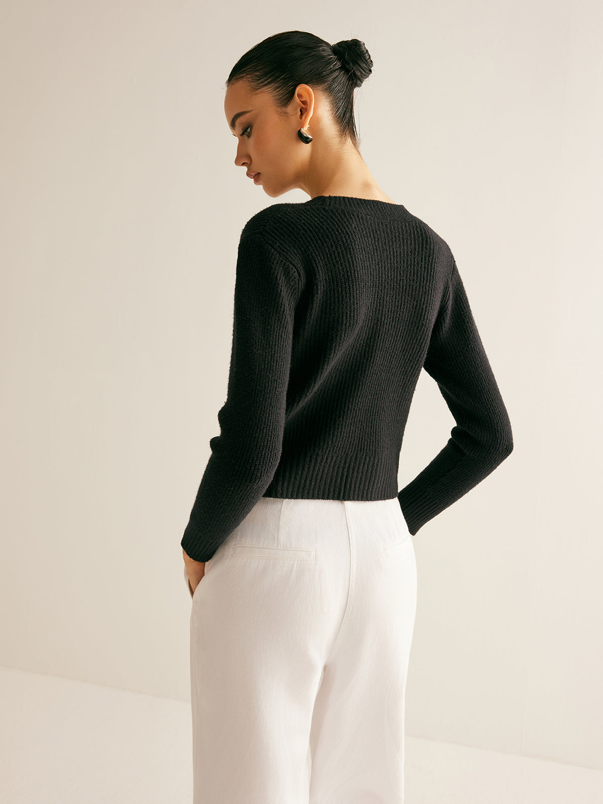 Ribbed Rhinestone Bow Slim Cardigan-Chicvia