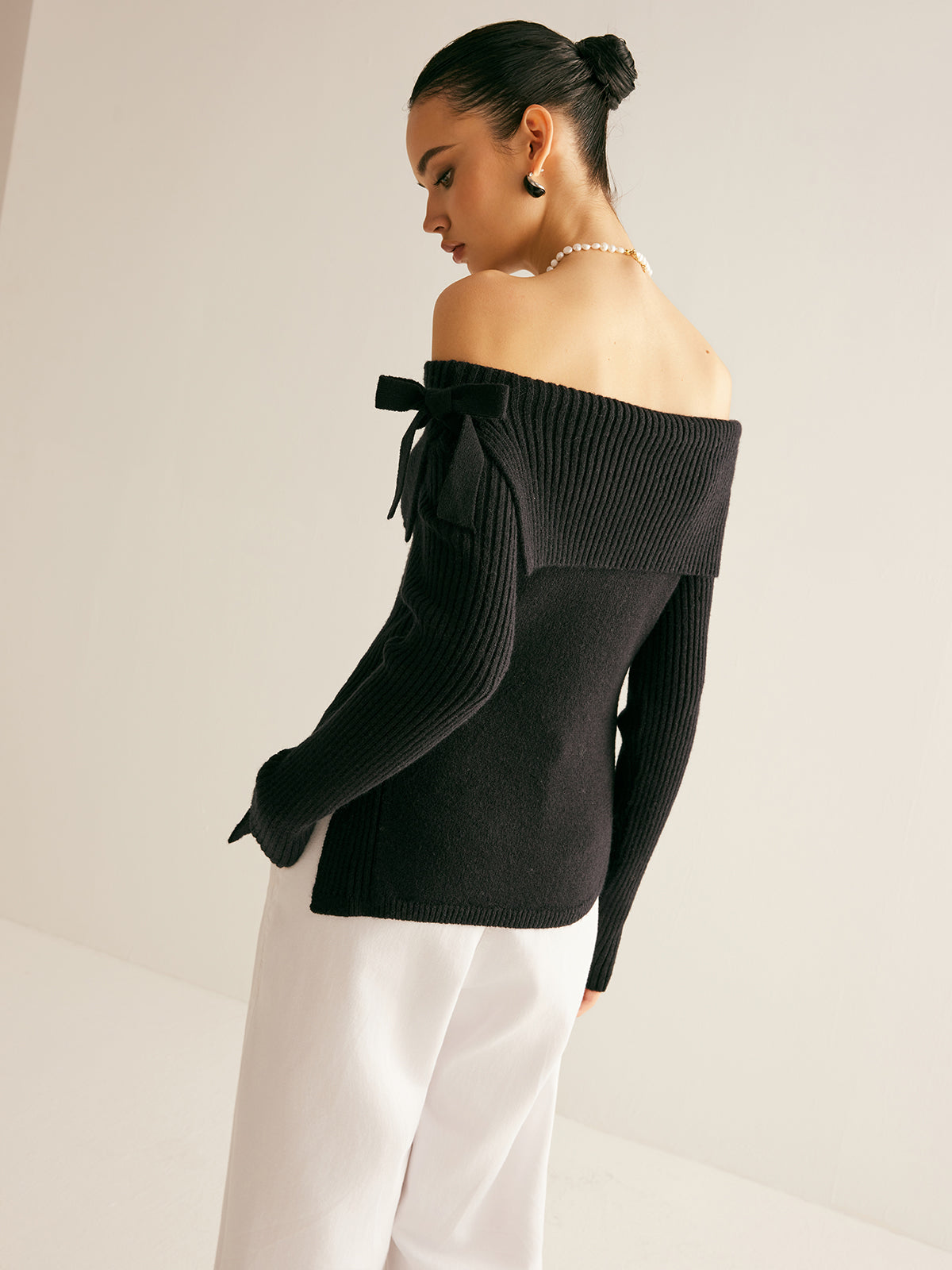 Off-Shoulder Ribbed Bow Slit Sweater-Chicvia