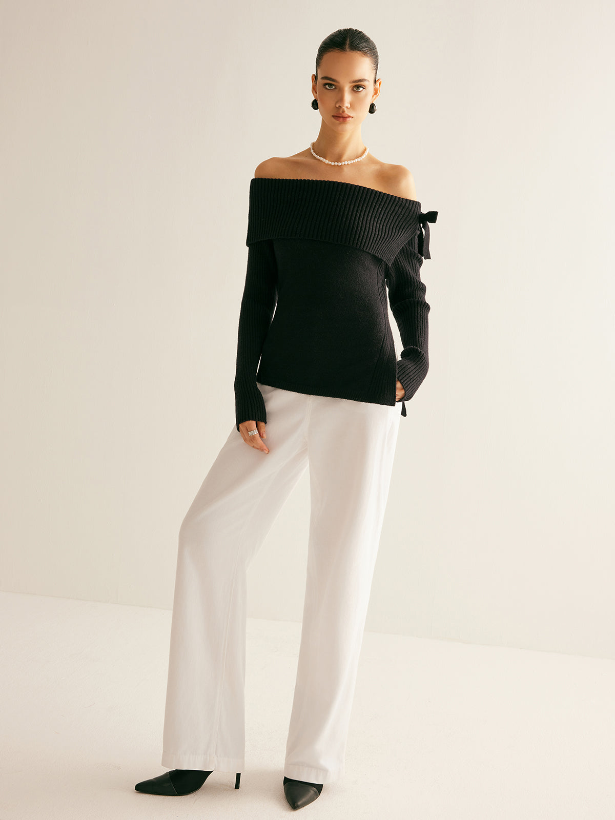 Off-Shoulder Ribbed Bow Slit Sweater-Chicvia