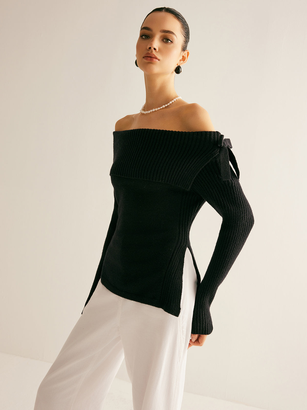 Off-Shoulder Ribbed Bow Slit Sweater-Chicvia