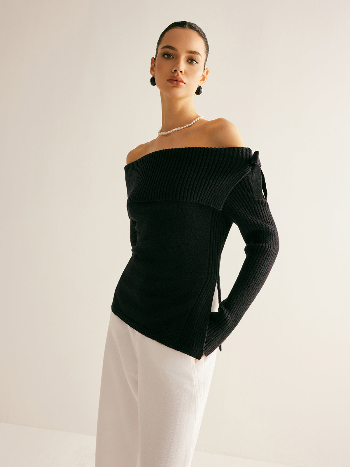 Off-Shoulder Ribbed Bow Slit Sweater-Chicvia