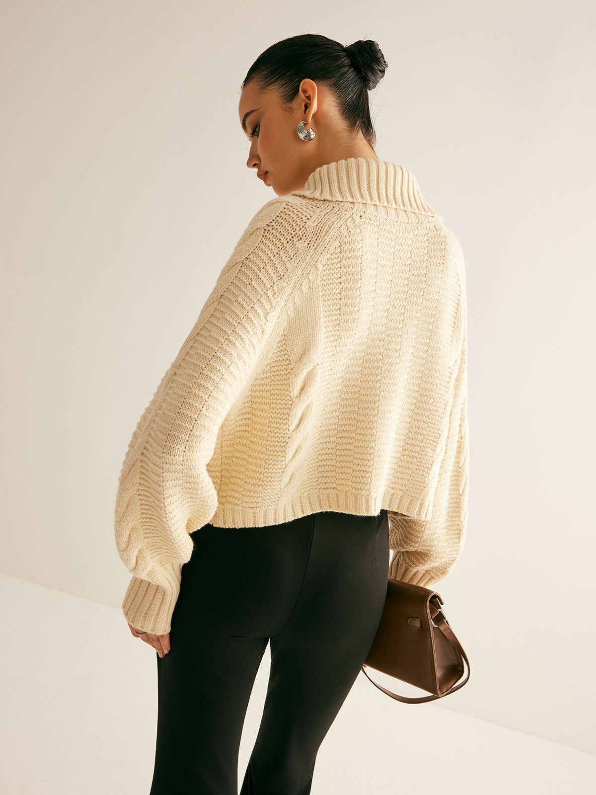 Lapel Breasted Cable-Knit Cardigan-Chicvia