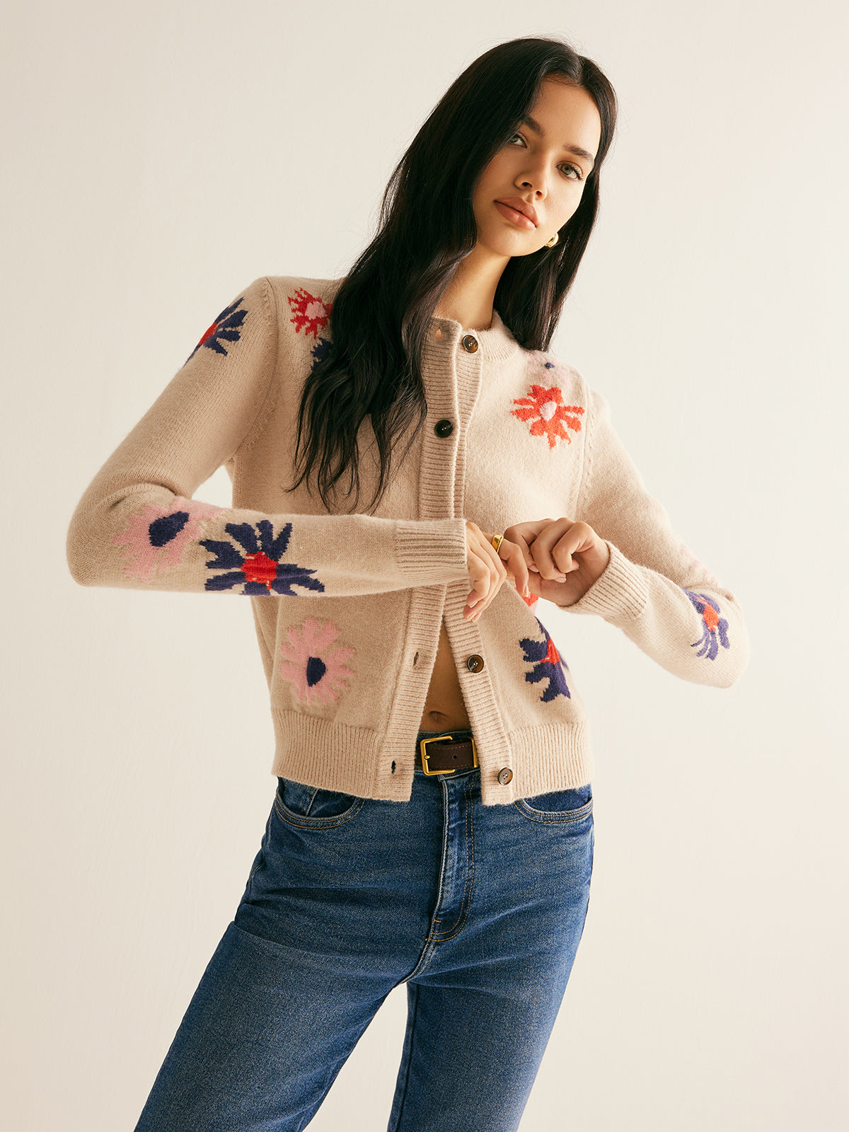 Floral Pattern Breasted Soft Cardigan-Chicvia
