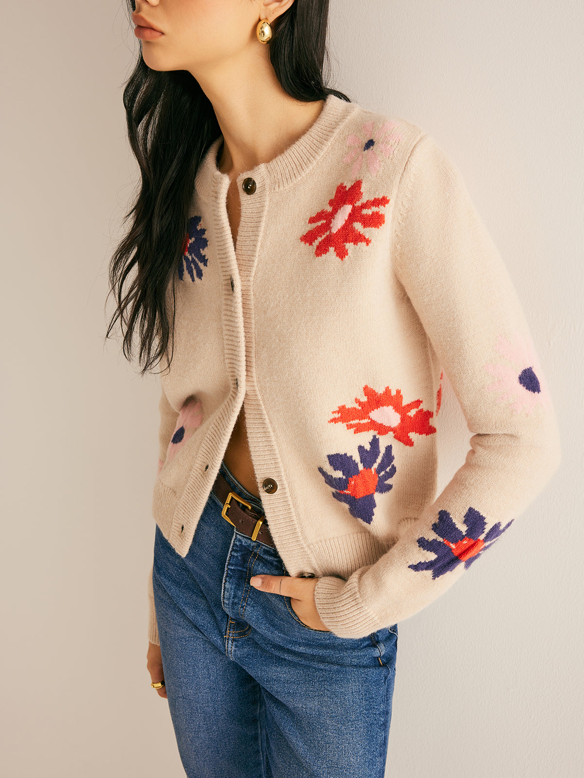 Floral Pattern Breasted Soft Cardigan-Chicvia