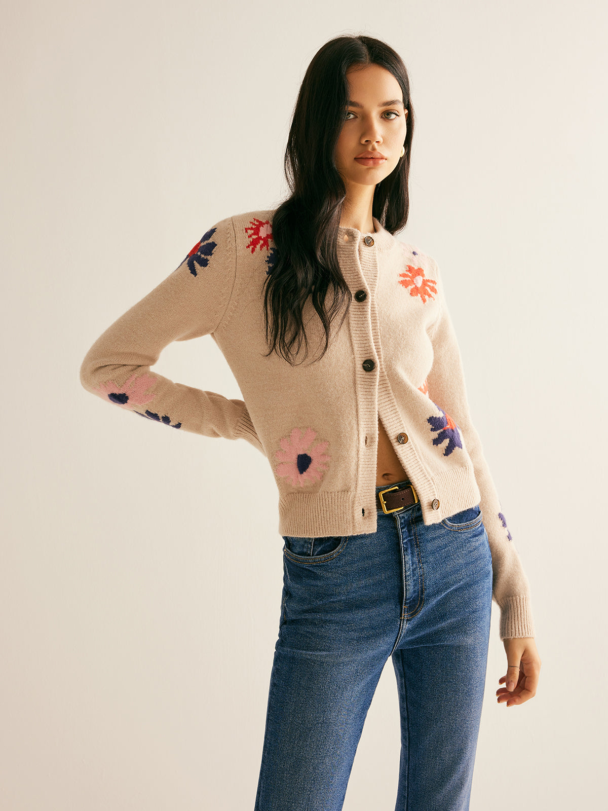 Floral Pattern Breasted Soft Cardigan-Chicvia